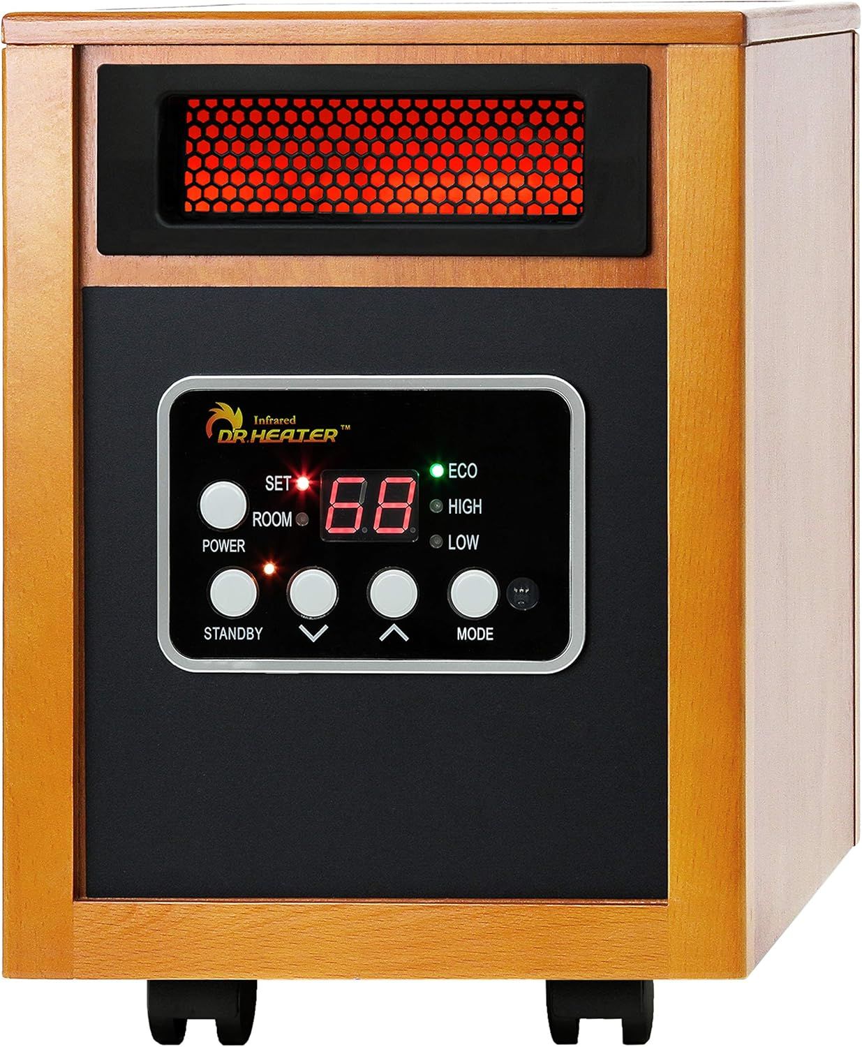 Shows the core infrared heater product with its digital control panel and heating element clearly visible, allowing shoppers to see the product design and key functional features.