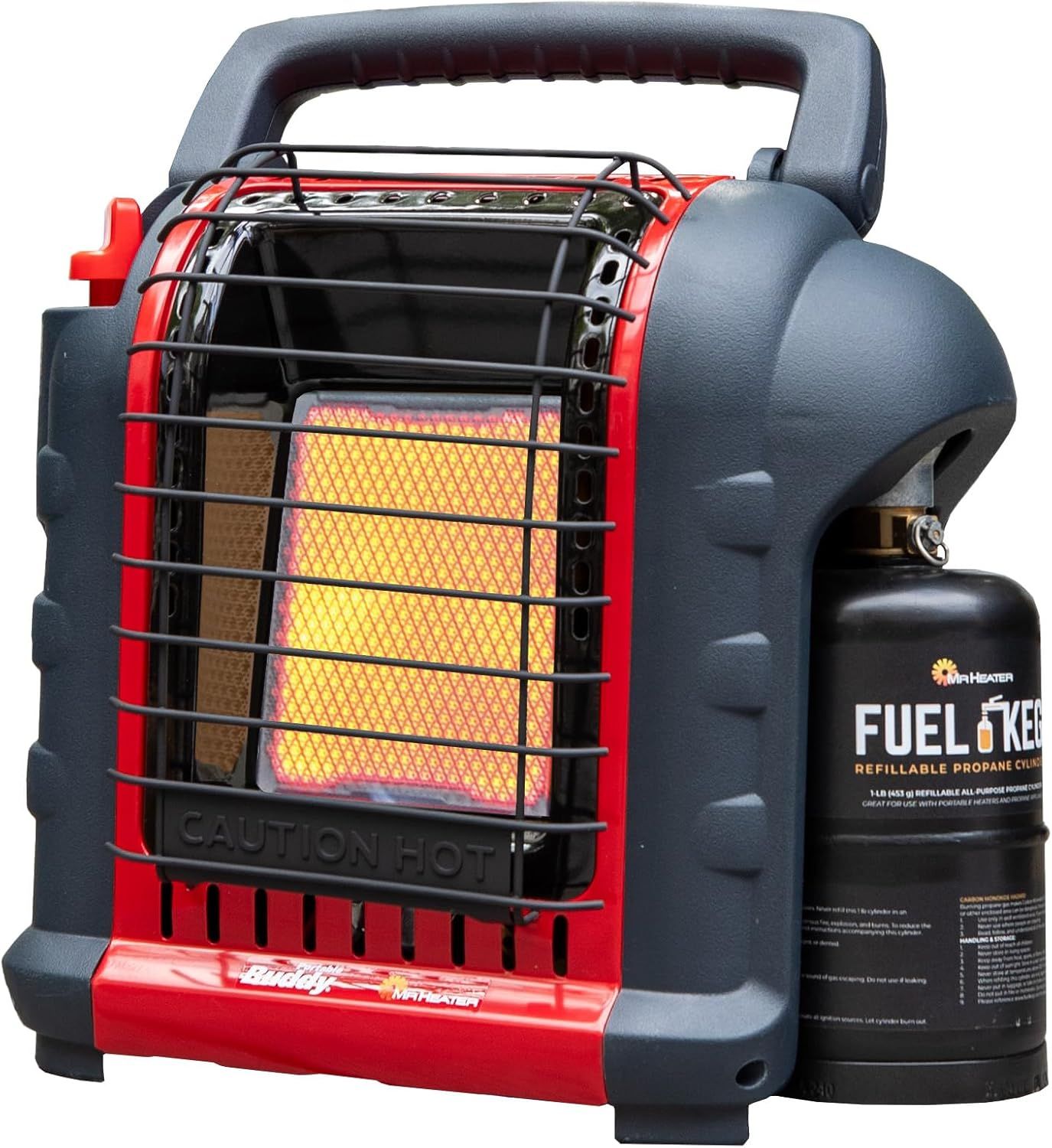 Shows the core sellable product, a portable propane heater with visible heating element and attached fuel cylinder, clearly displaying its design and components. Demonstrates that the product…