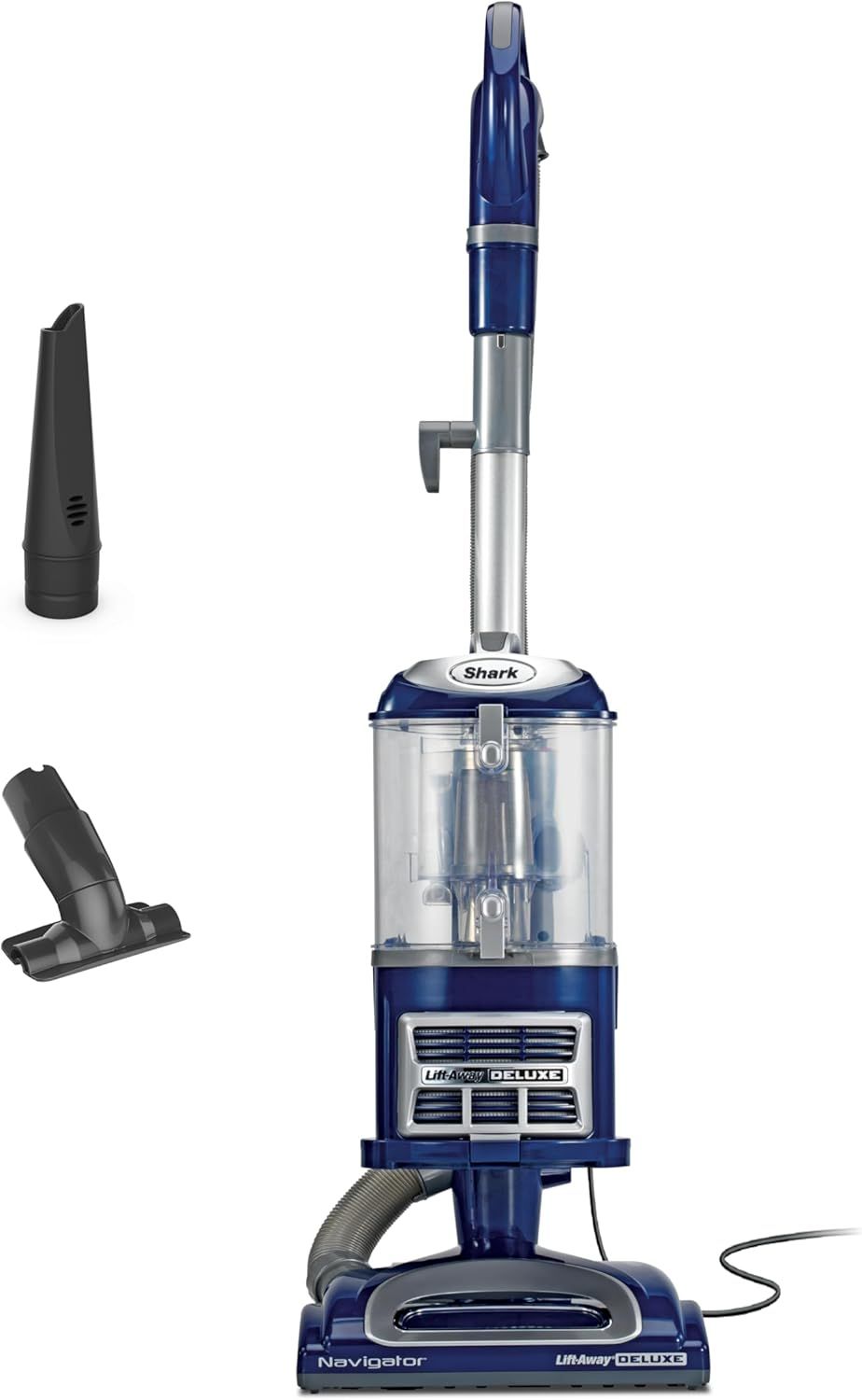 Displays the core product clearly showing the vacuum's design, transparent dust collection chamber, and included attachments to help shoppers understand what they are purchasing. Shows the…