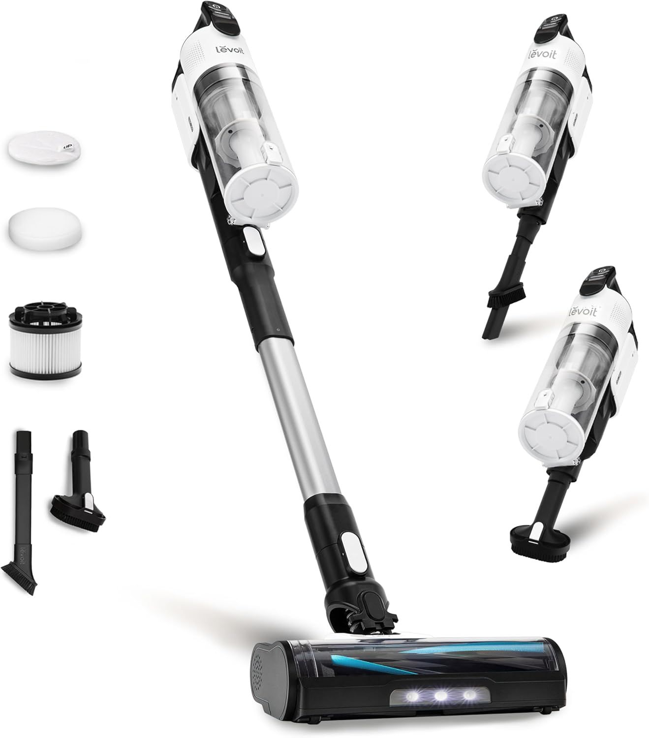 Displays the core product, a cordless stick vacuum, showing its design, transparent dust bin, and LED-equipped floor cleaning head to communicate its functionality and modern features. Shows the…