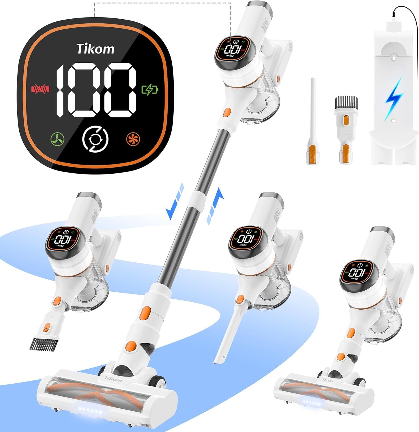 Shows the core cordless vacuum product with its digital display and included attachments to communicate the complete package and versatility of the cleaning system. Demonstrates the vacuum's…