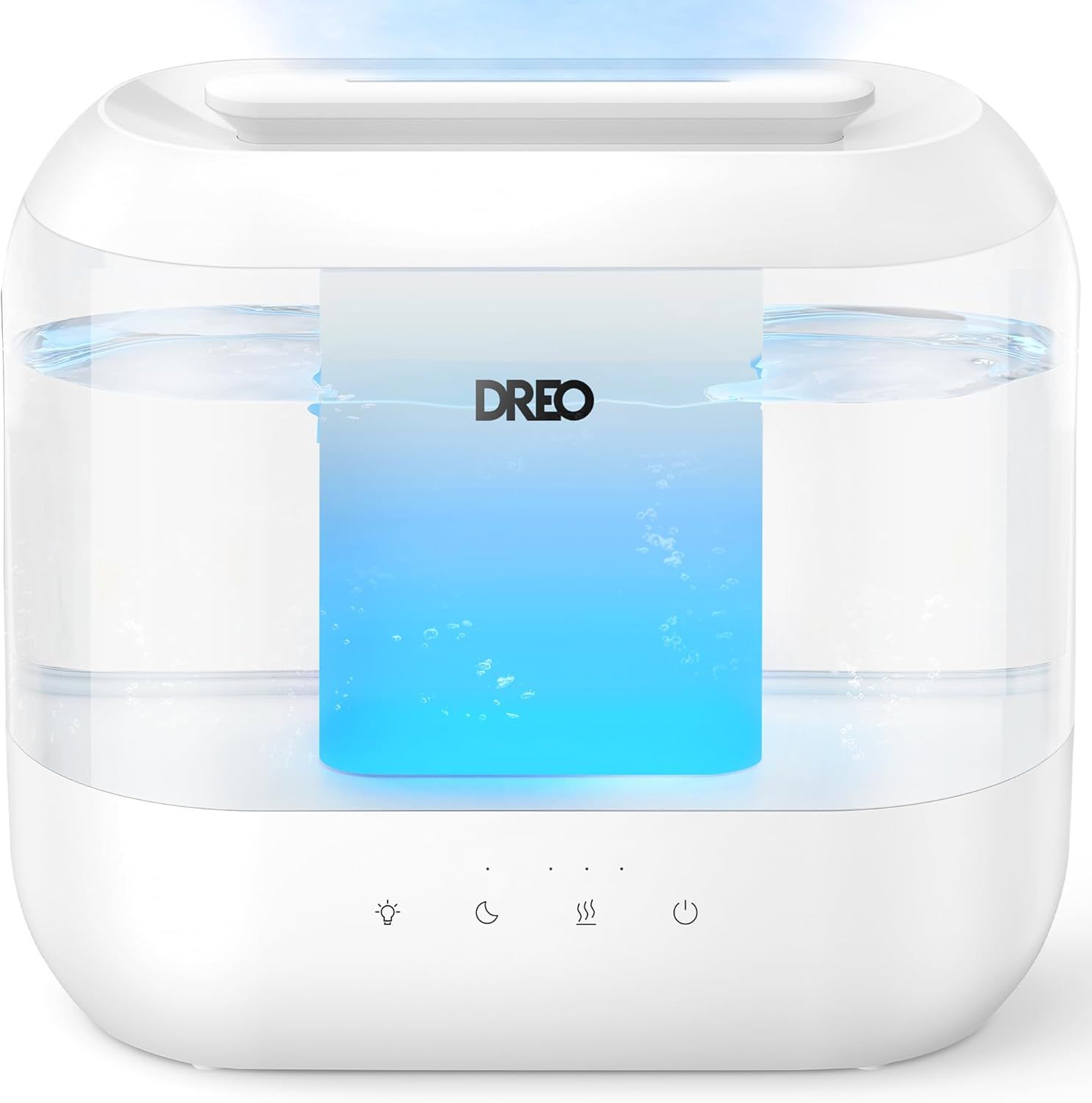 Shows the core product clearly with its transparent water chamber and control interface to help shoppers understand what they are purchasing. Demonstrates the product actively humidifying with…