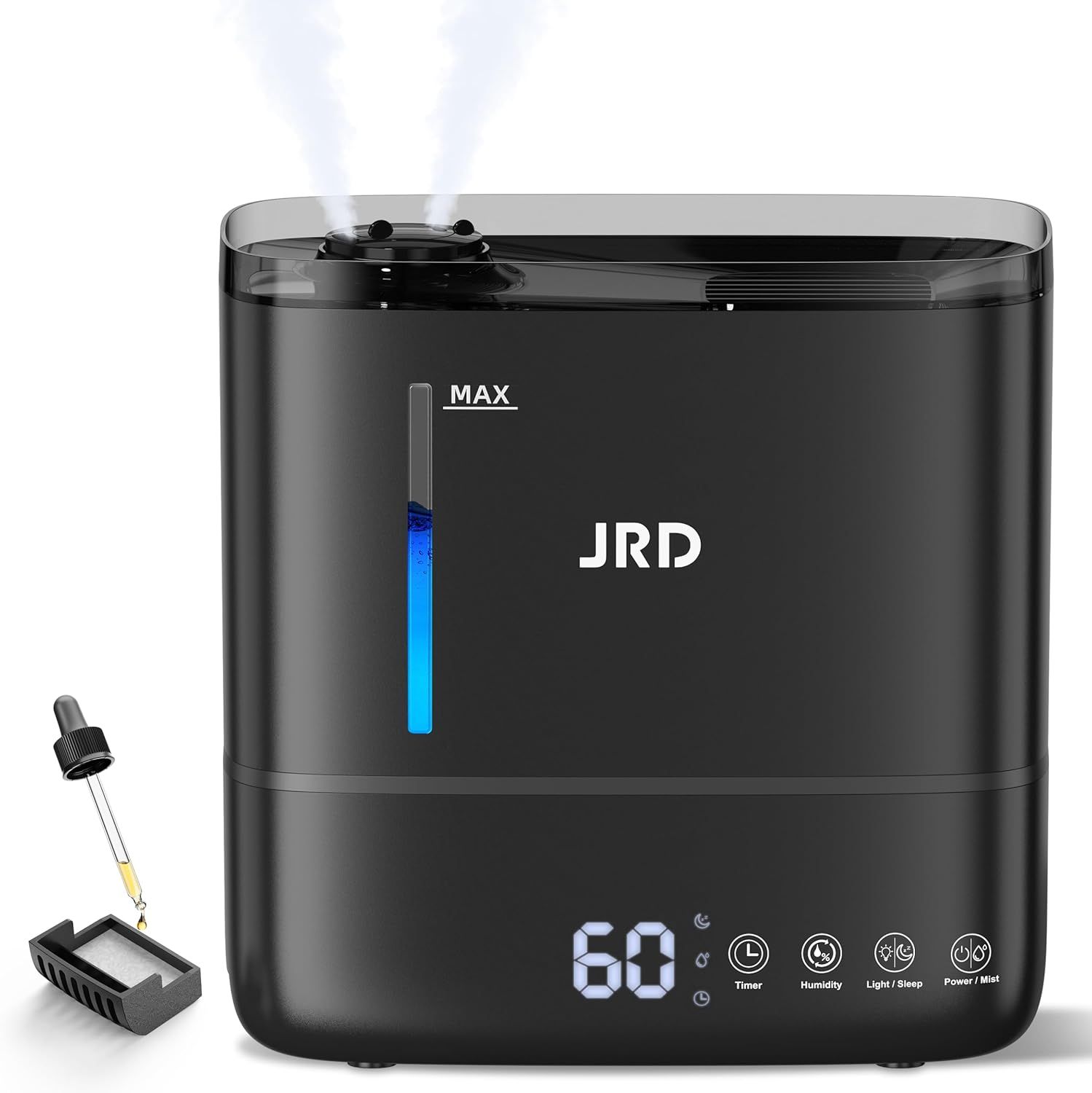 Shows the core product clearly with its key features visible including the dual mist nozzles actively producing steam, the digital humidity display showing 60%, the illuminated water level gauge,…