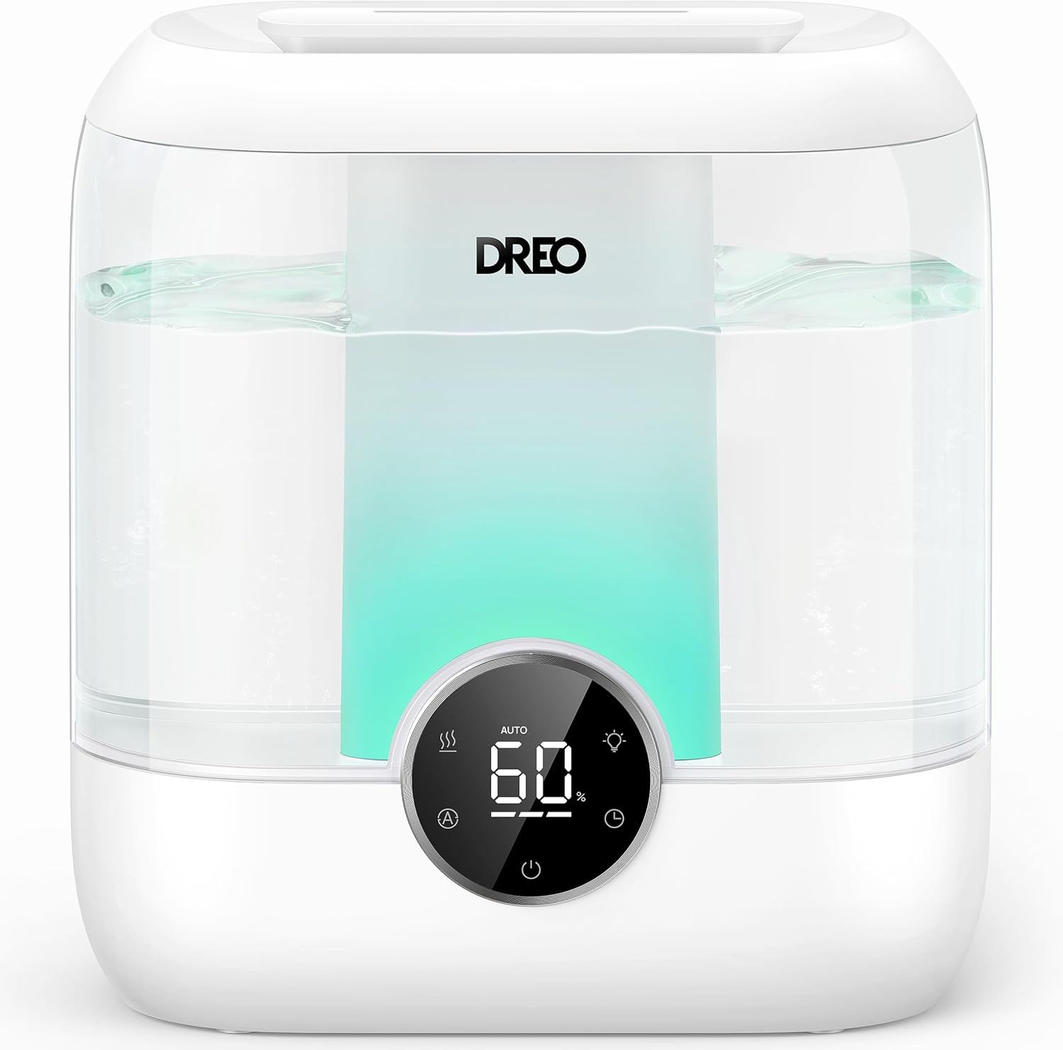 Shows the core humidifier product with its key features including the digital humidity display, transparent water reservoir, and ambient LED lighting to communicate functionality and modern design.