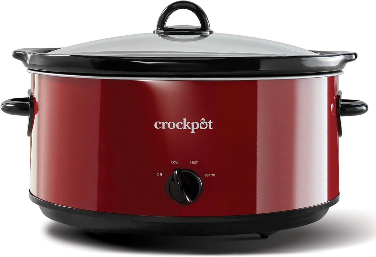 Displays the core product clearly on a white background to show the shopper exactly what they are purchasing, including the red finish, glass lid, handles, and control dial.
