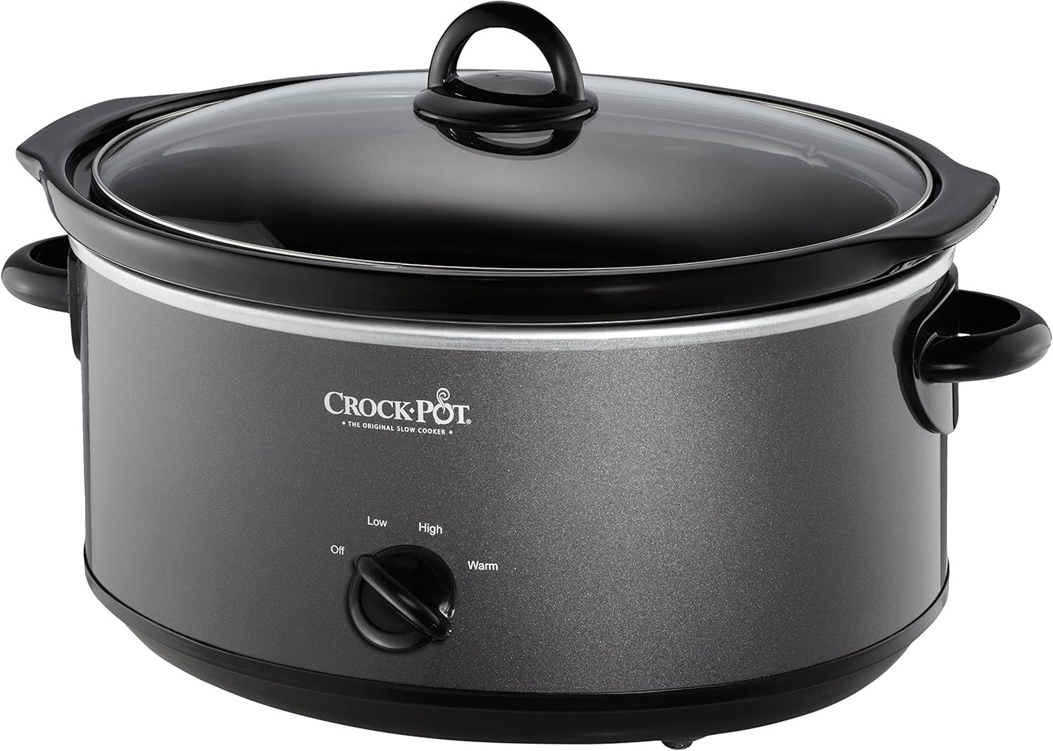 Displays the core product clearly on a white background to show the shopper exactly what they will receive, including the oval slow cooker body, glass lid, side handles, and temperature control dial.