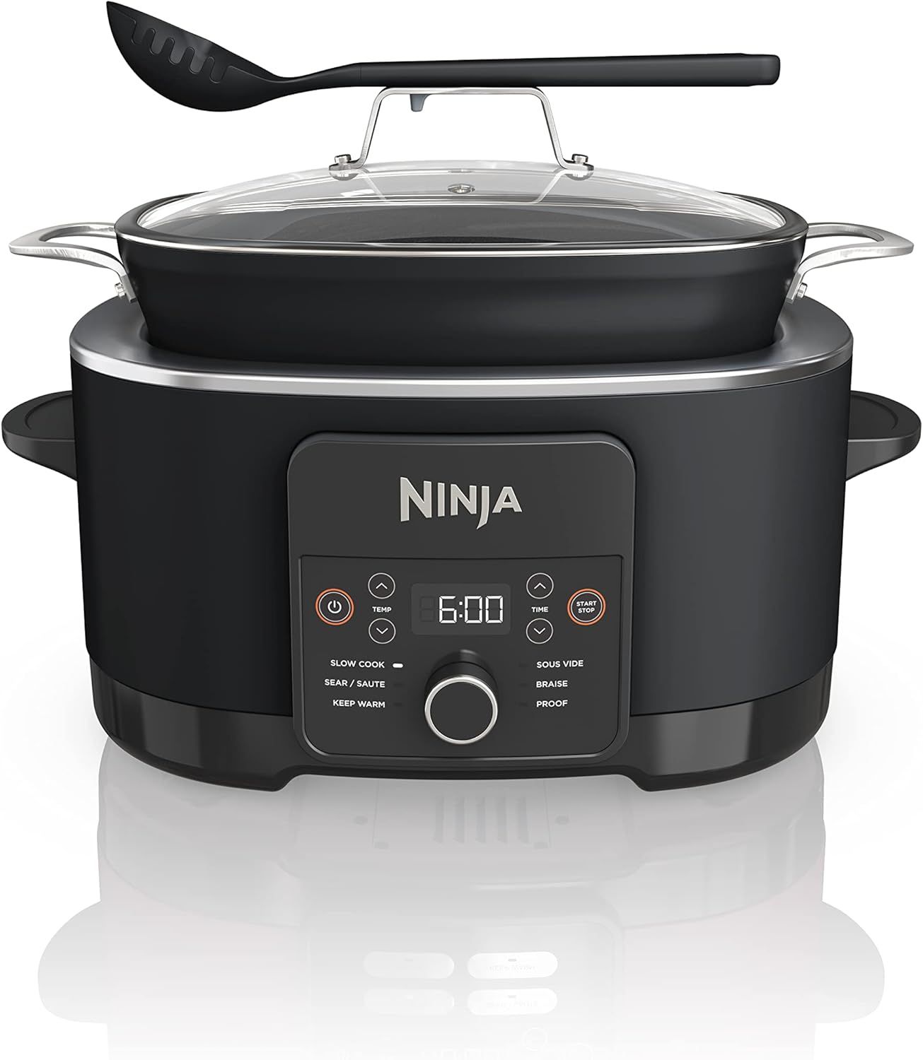 Displays the complete Ninja cooking system including the base unit, cooking pot with glass lid, and serving spoon to show shoppers everything included and the professional appearance of the product.…