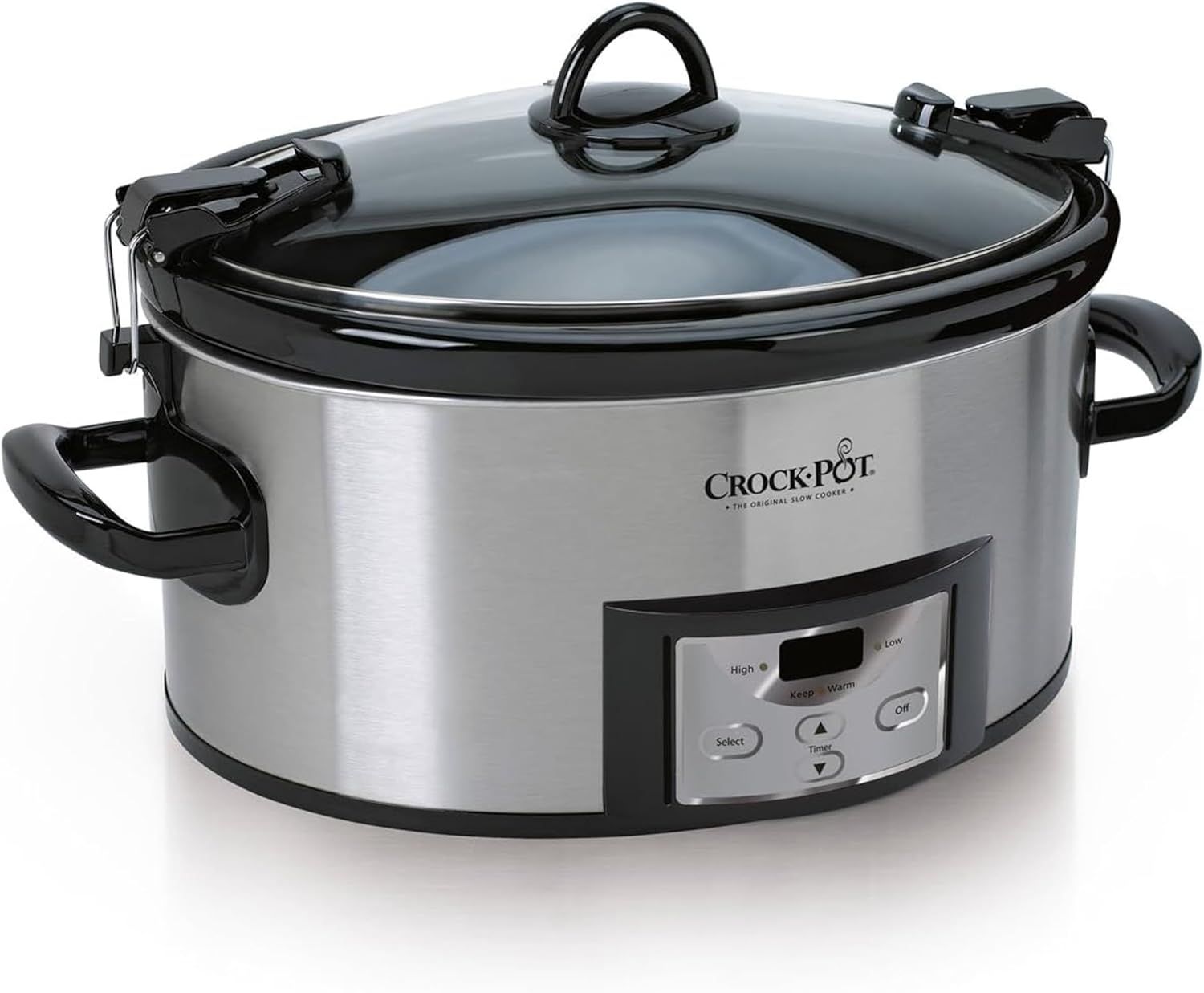 Displays the Crock-Pot slow cooker as the core product with clear visibility of its stainless steel body, digital control panel, locking lid mechanism, and side handles to communicate its features…