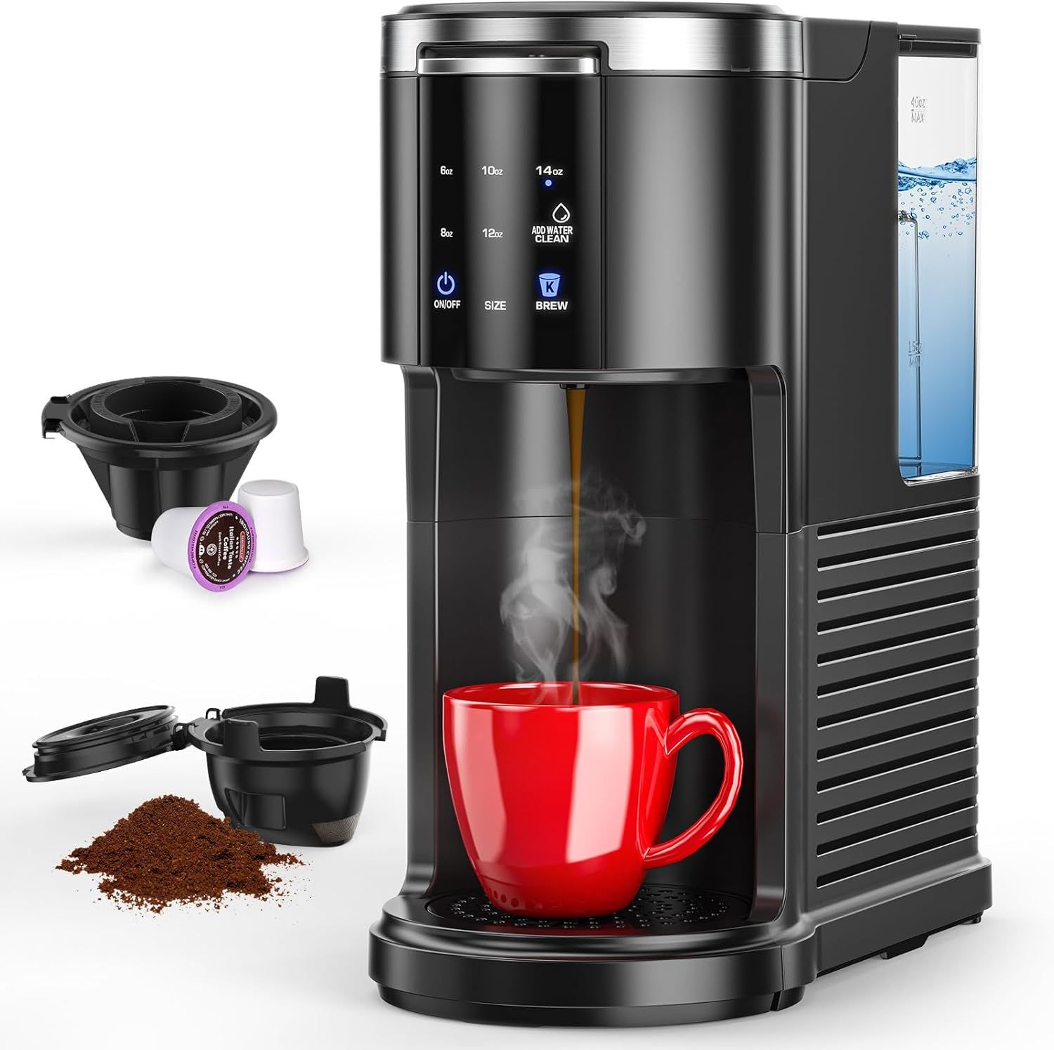 Displays the core coffee maker product clearly with its key features visible, including the control panel, water reservoir, and brewing area to help shoppers understand what they are purchasing.…