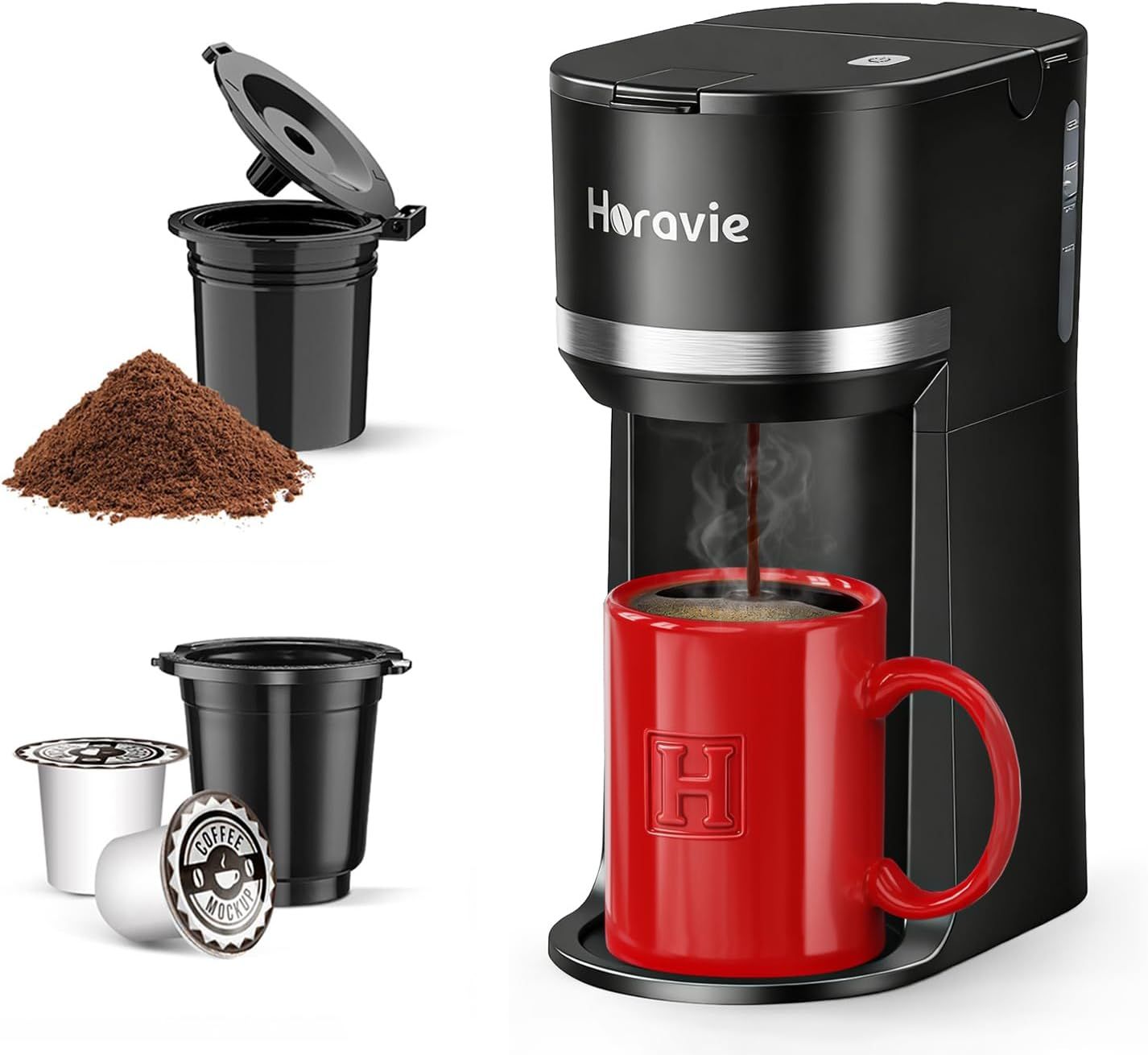 Displays the core coffee maker product in action, brewing coffee into the included red mug to show shoppers what they will receive and how it functions. Shows the additional included accessories and…