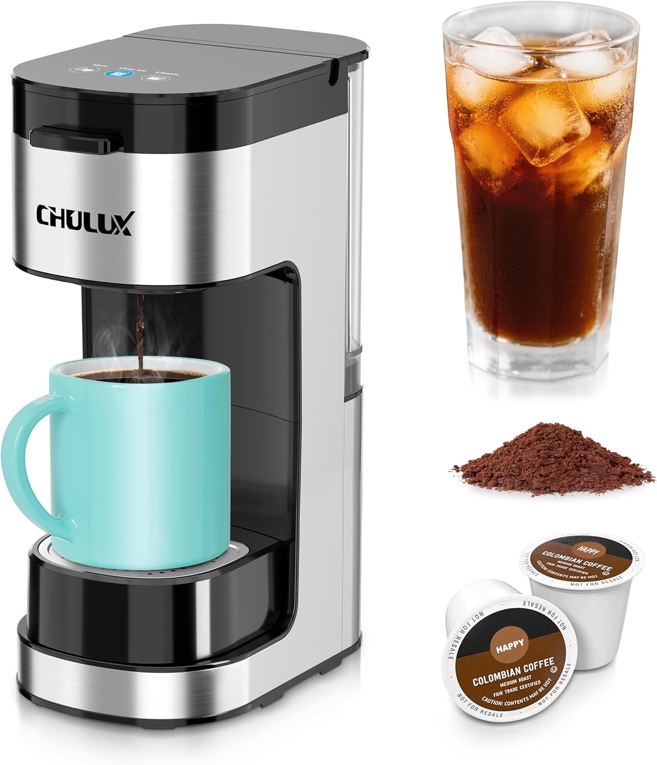 Shows the core coffee maker product actively brewing into a mug, demonstrating its function and versatility with different coffee formats (K-cups, ground coffee, hot and iced beverages).…