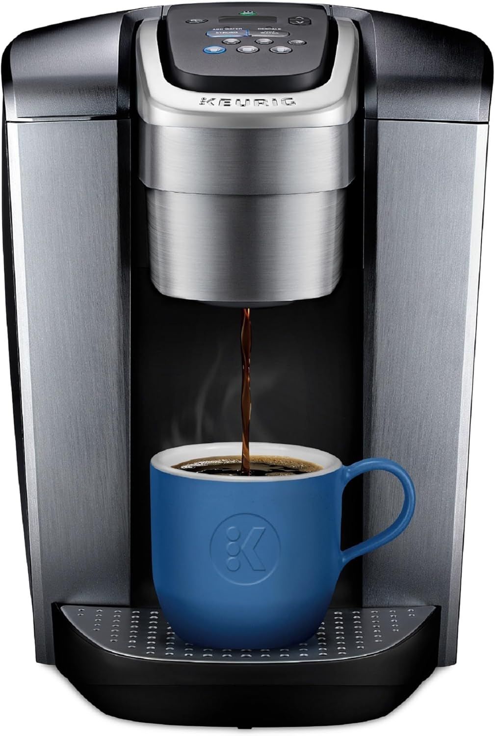 Displays the Keurig coffee maker as the core product in a clean catalog style, showing its design, finish, and control interface to help shoppers understand what they are purchasing. Demonstrates…
