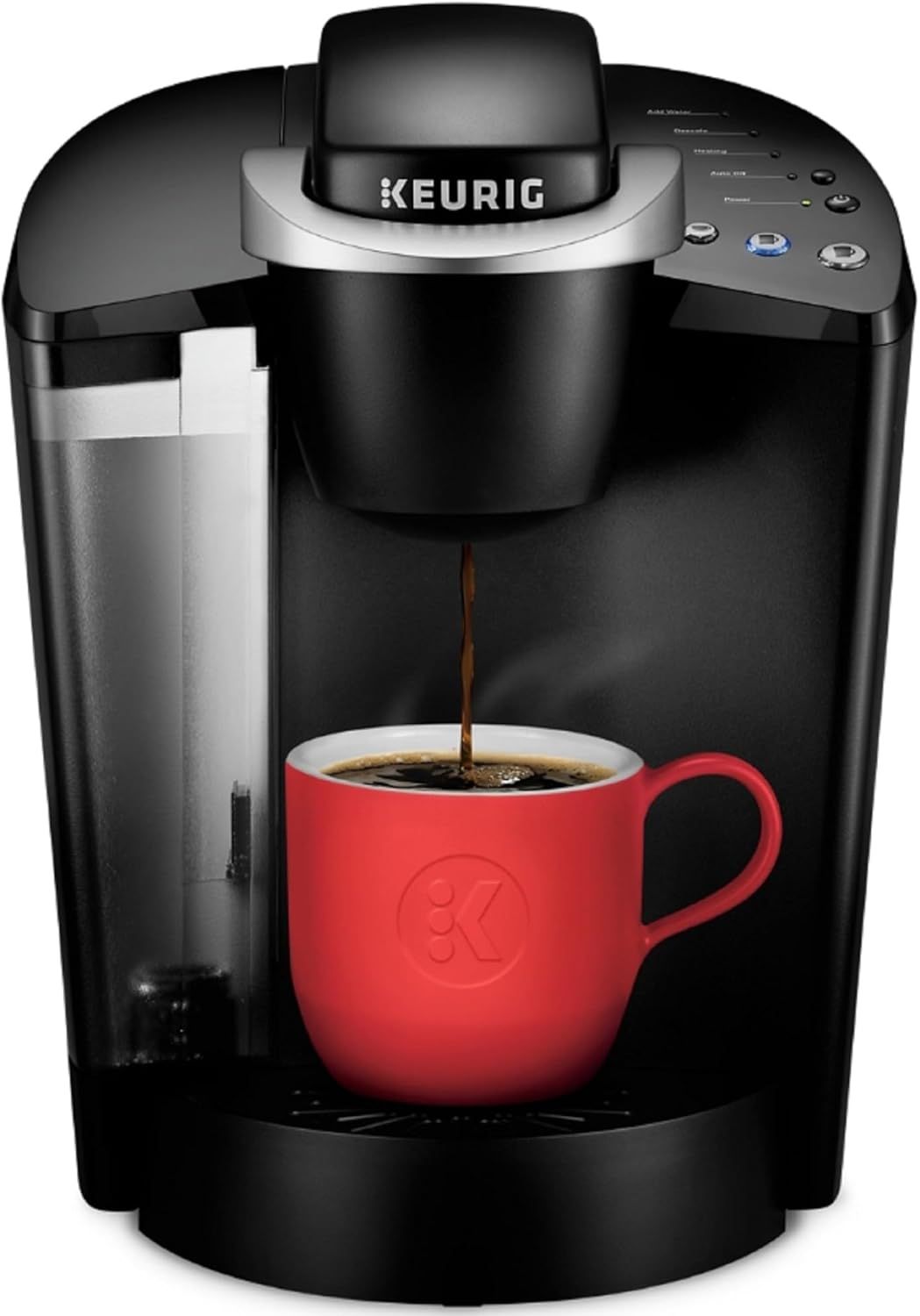 Shows the Keurig coffee maker actively brewing coffee into a red mug, demonstrating the product's core function and giving shoppers a clear understanding of what the machine does and how it looks…