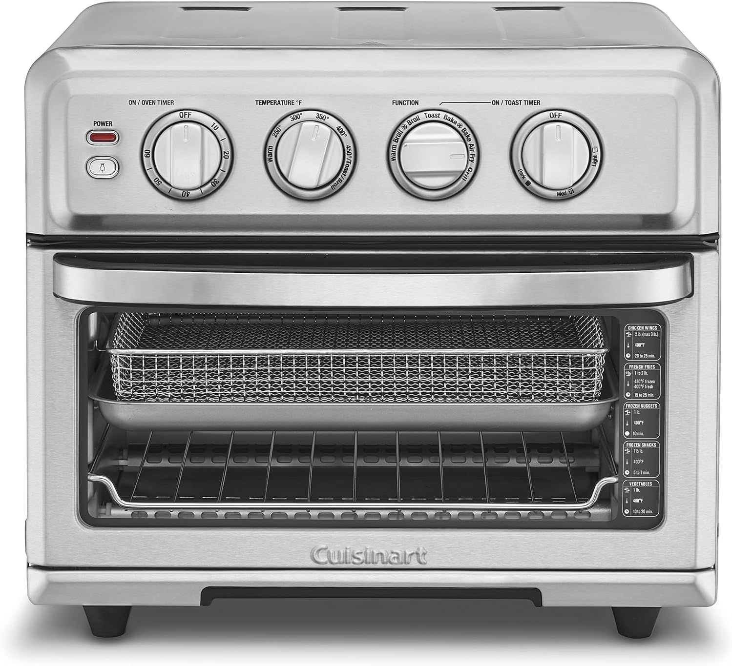 Displays the core product—a Cuisinart air fryer toaster oven—with its door open to show the interior capacity, included racks and basket, and control panel with multiple cooking functions, helping…