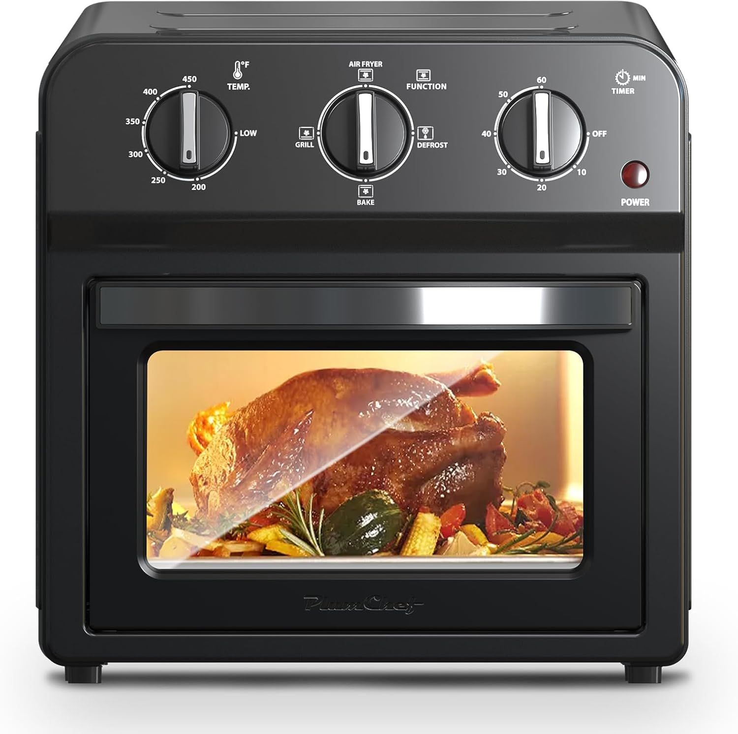 Shows the core product—a multi-function air fryer oven—with clear visibility of its control panel, cooking functions, and transparent window displaying cooked food inside to communicate versatility…