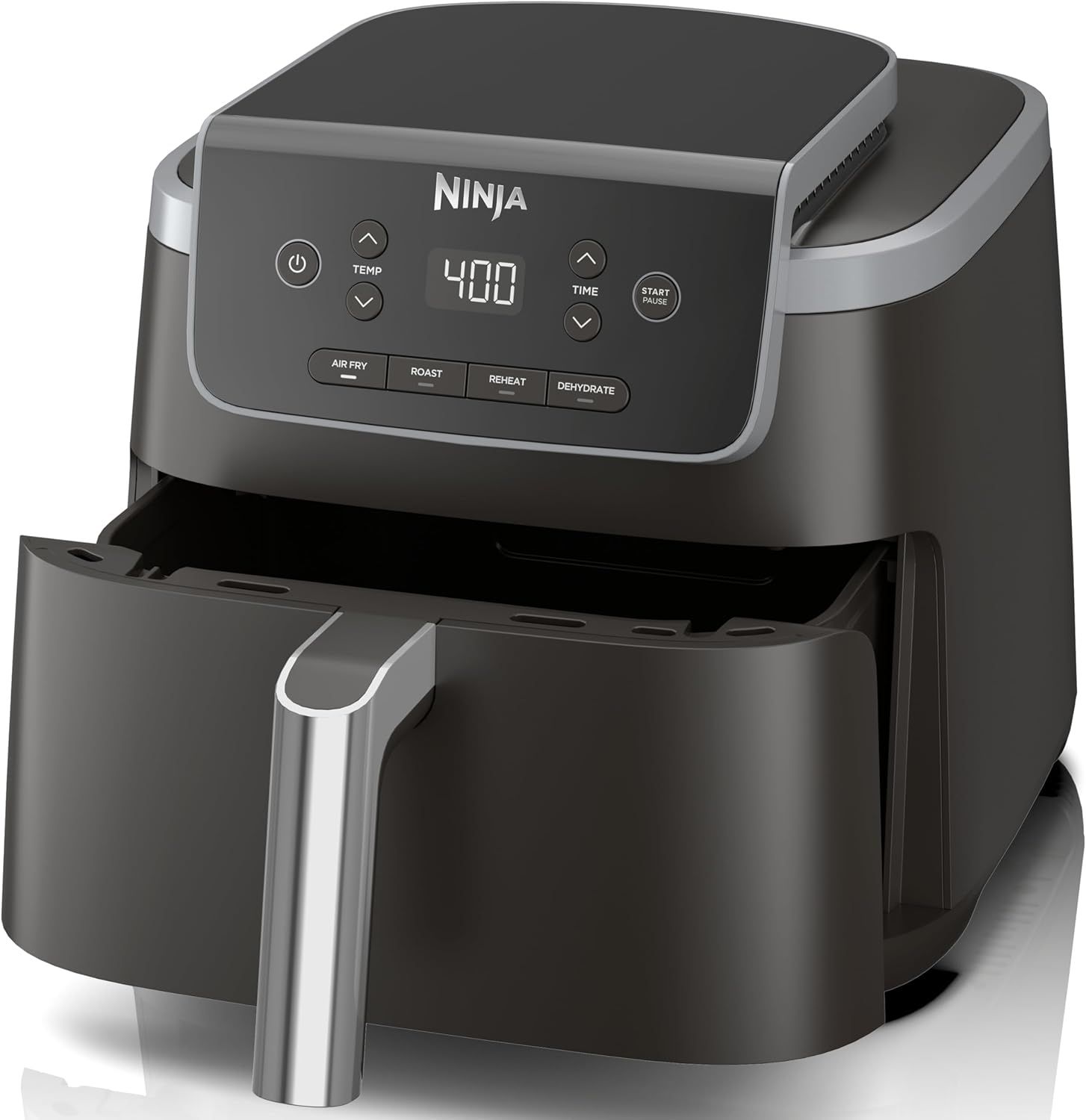 Displays the Ninja air fryer as the core product with its digital interface and accessible basket drawer, communicating ease of use and versatility to shoppers looking for a multi-function kitchen…