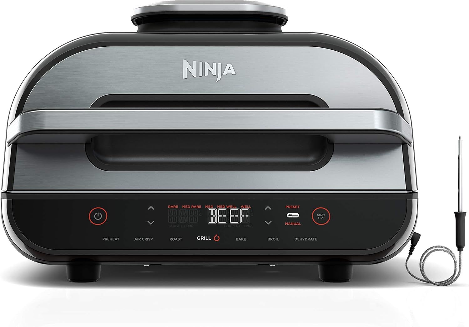 Displays the Ninja indoor grill as the core product with clear visibility of its design, control panel, and included temperature probe to communicate its versatility and precision cooking…