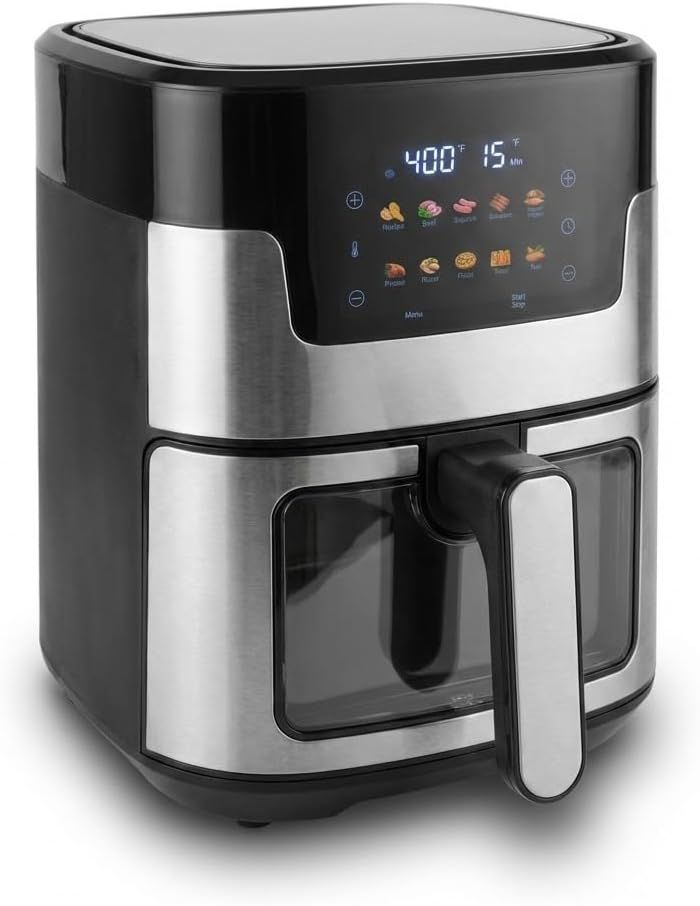 Displays the core product clearly to show its modern design, digital control panel with preset cooking icons, and transparent basket drawer, helping shoppers understand what they will receive.