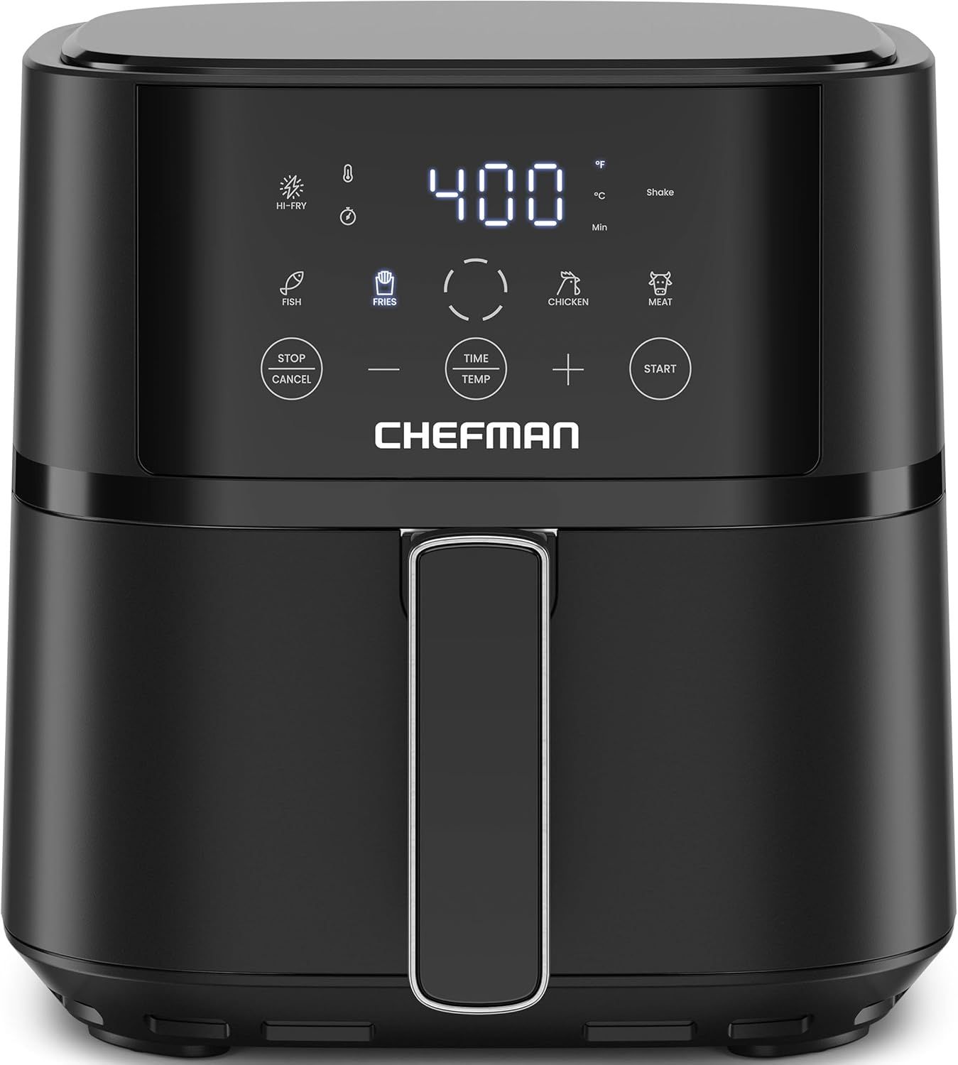 Shows the Chefman air fryer with its digital interface and preset cooking functions to communicate ease of use and versatility for different food types.