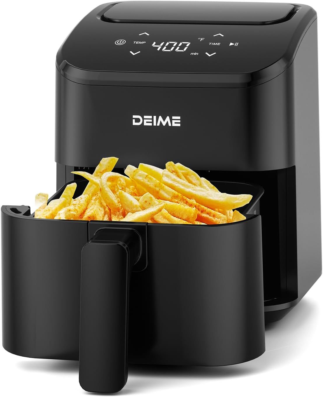 Shows the air fryer with its key features including the digital display and pull-out basket filled with fries, demonstrating what the shopper will receive and how it looks in use. Demonstrates the…