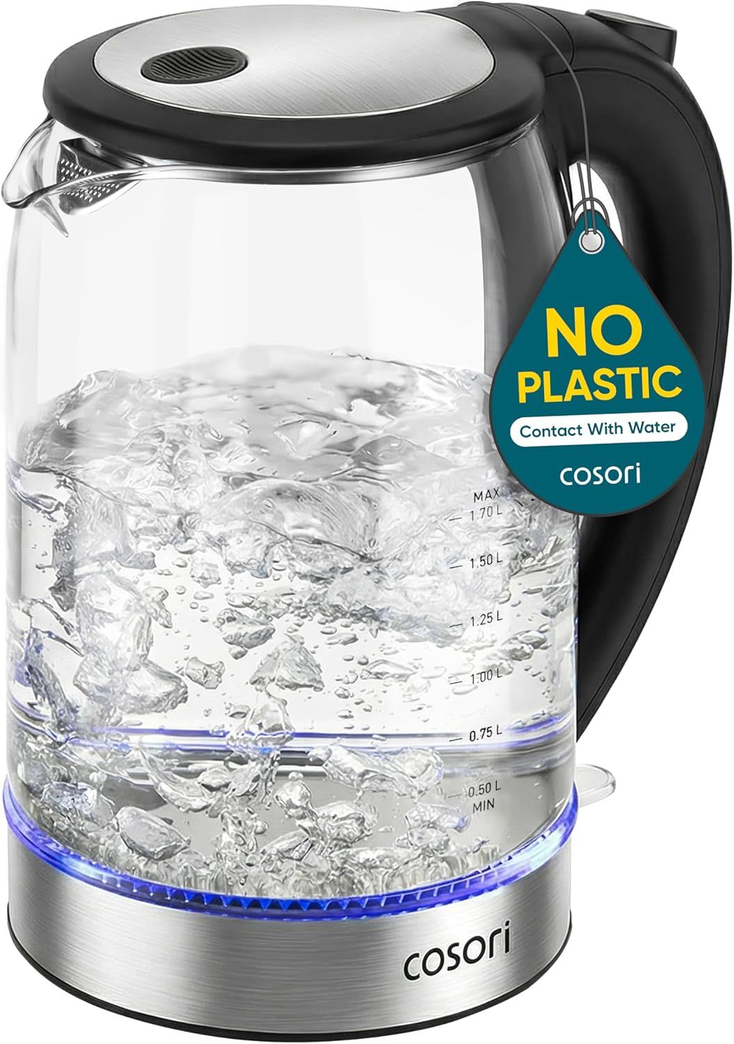 Shows the core product—a glass electric kettle—in action with boiling water and illuminated blue LED base to demonstrate its transparent design and functional features. Highlights a key health and…