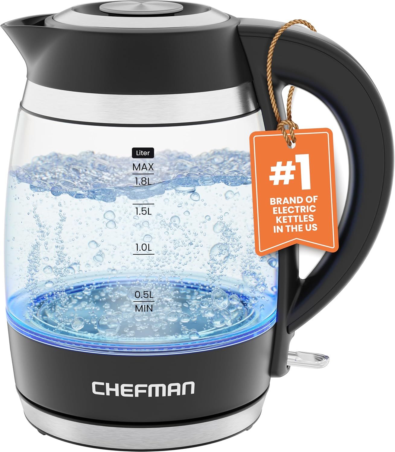 Shows the core product—a glass electric kettle with visible water level markings and illuminated boiling action—to communicate its transparent design, capacity, and functional features to shoppers.…
