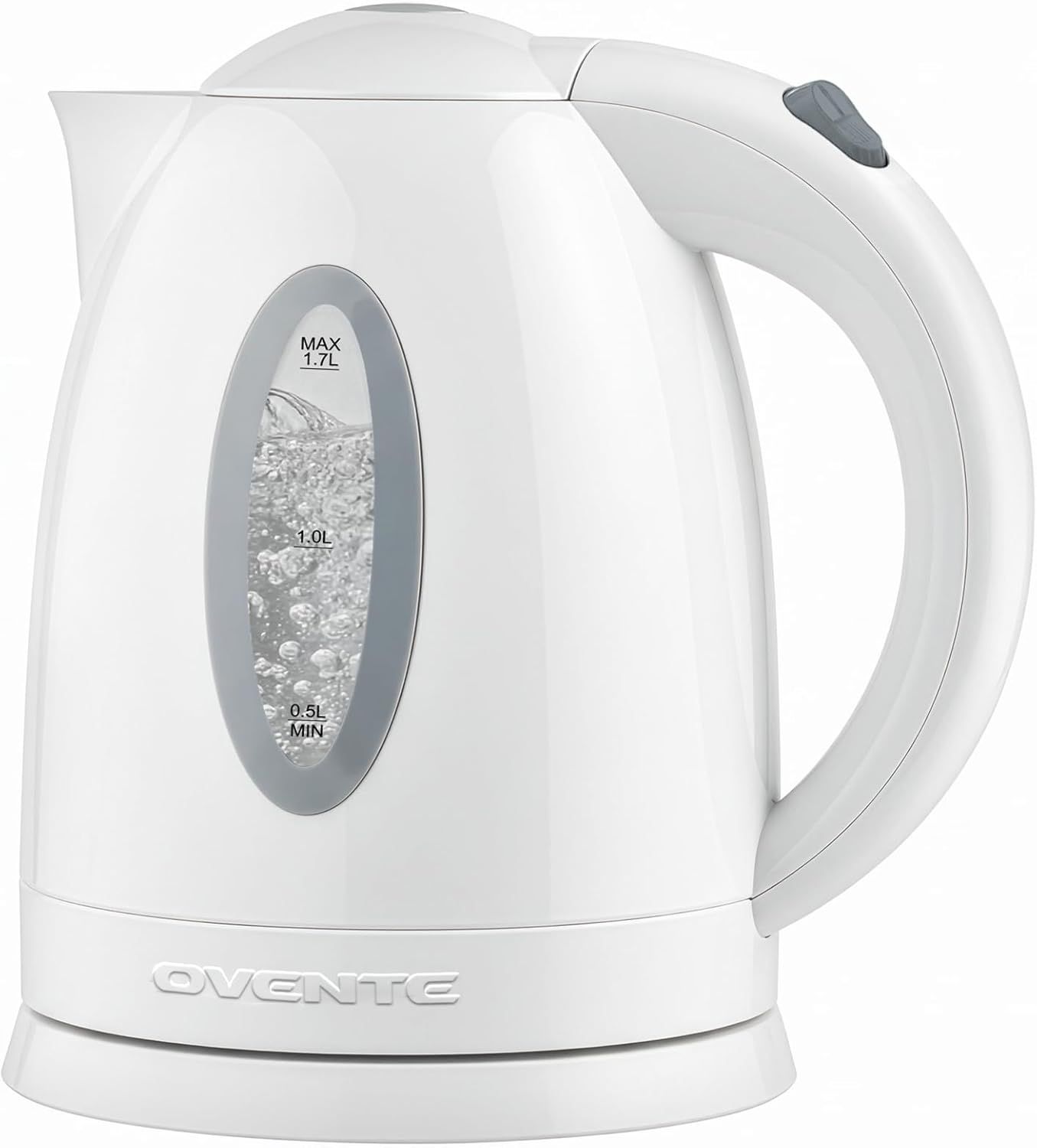 Shows the electric kettle with a transparent water level window displaying boiling water and measurement markings, helping shoppers understand the capacity and see-through design feature.