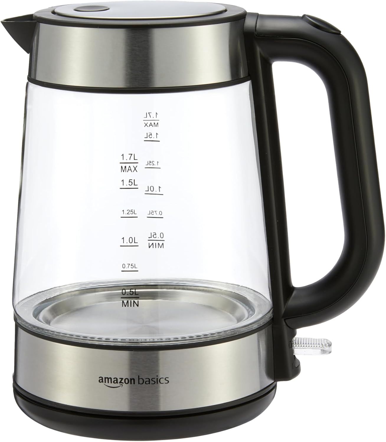 Displays the core product clearly on a white background, showing the glass kettle with visible capacity markings and stainless steel accents to communicate the product's design and functionality.