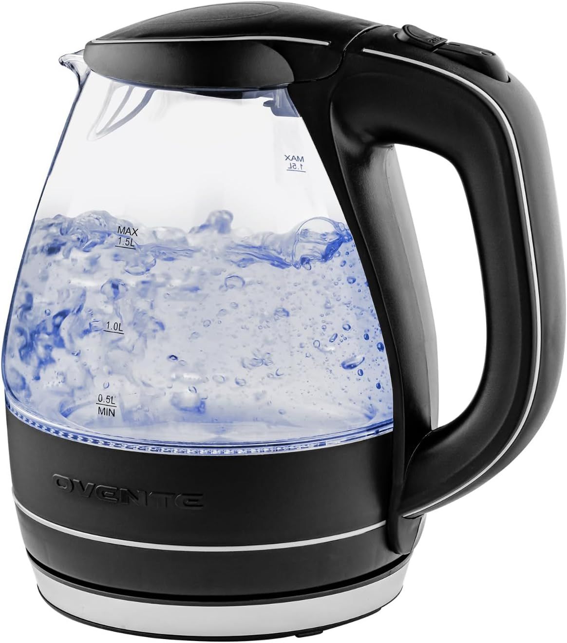 Displays the core product—a glass electric kettle—in action with boiling water and blue LED lighting to showcase its transparent design and functional heating capability. Demonstrates the kettle…