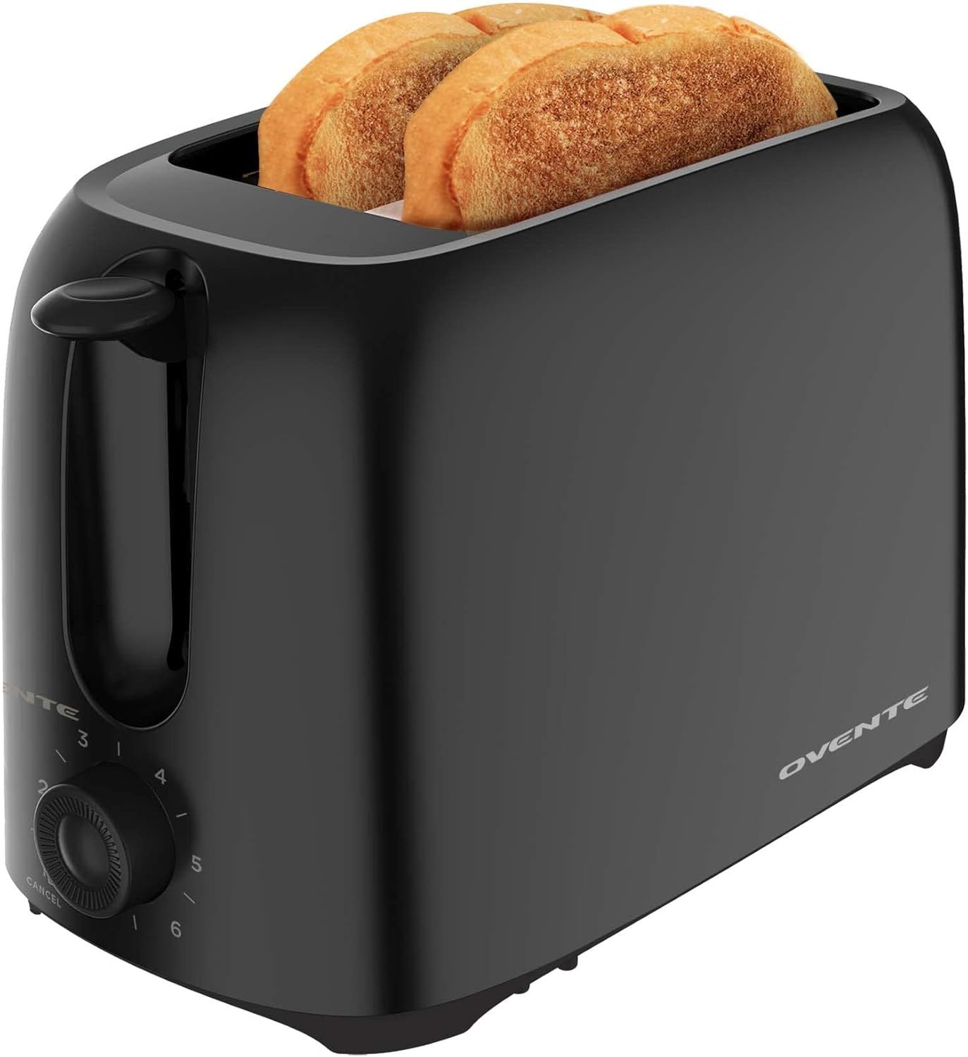 Shows the core product, a black two-slice toaster, with toasted bread in the slots to demonstrate its function and give shoppers a clear view of what they are purchasing. Demonstrates the toaster…