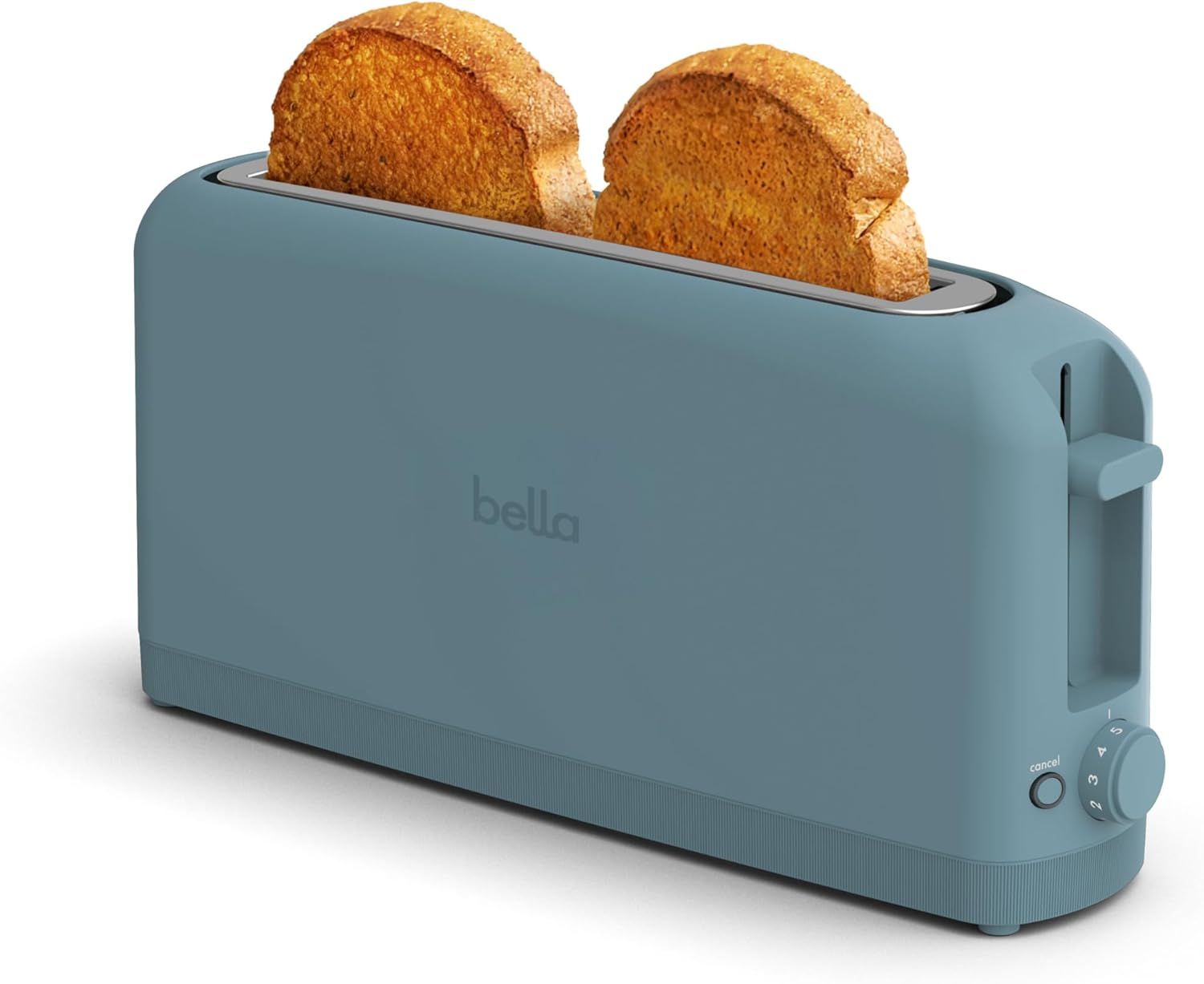 Shows the core product, a Bella-branded toaster, with toasted bread to demonstrate its primary function and give shoppers a clear view of what they are purchasing. Demonstrates the toaster actively…