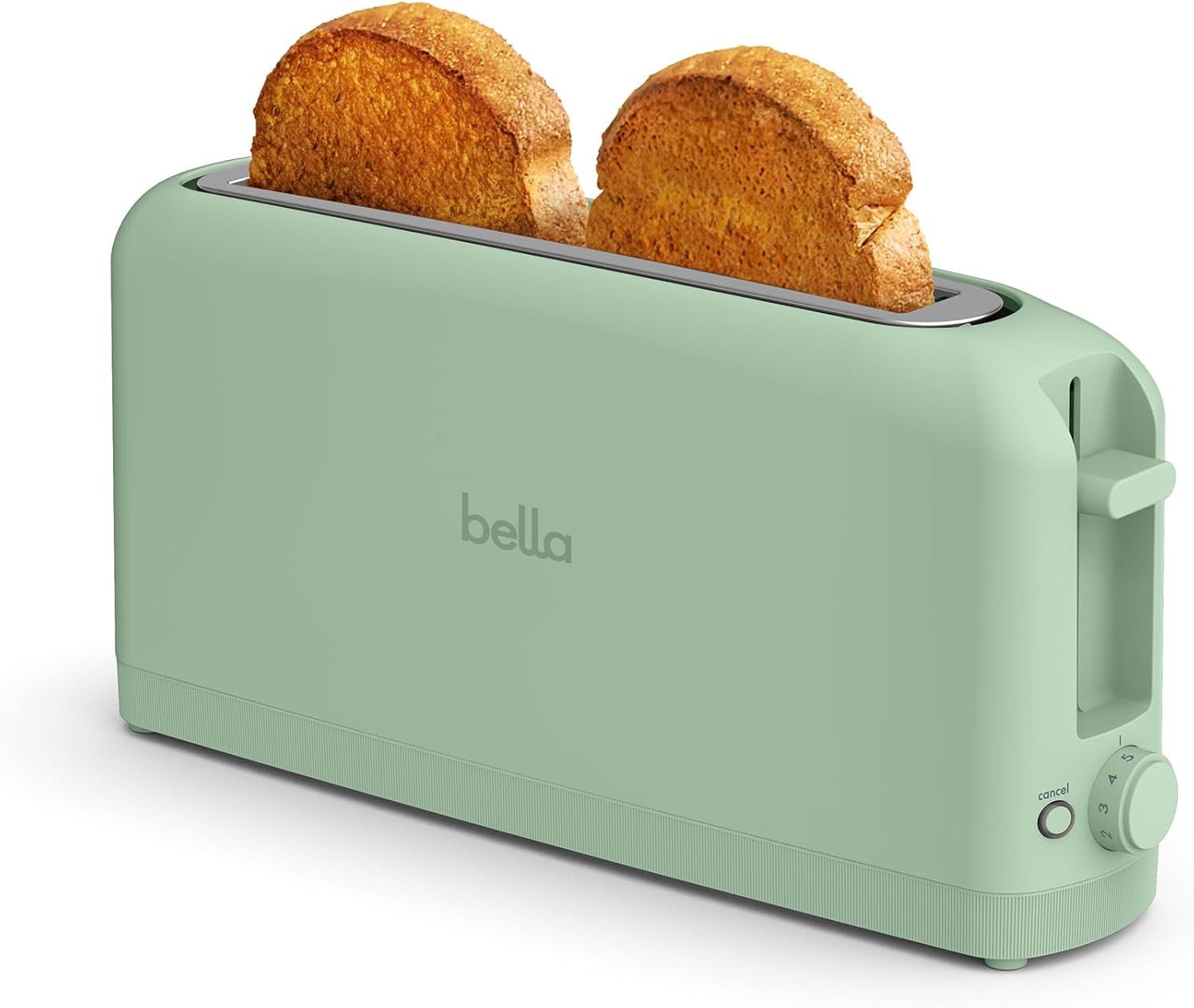 Shows the core product, a mint green toaster with toasted bread actively loaded, demonstrating its function and aesthetic appeal to shoppers looking for a stylish kitchen appliance. Demonstrates the…