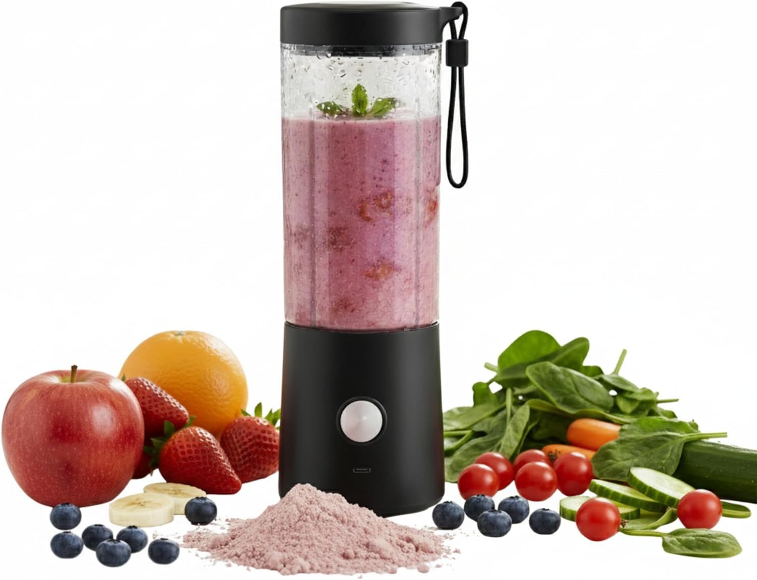 Shows the core product, a portable blender, filled with a smoothie to demonstrate its primary function and appeal to health-conscious shoppers. Uses fresh fruits, vegetables, and powder props…