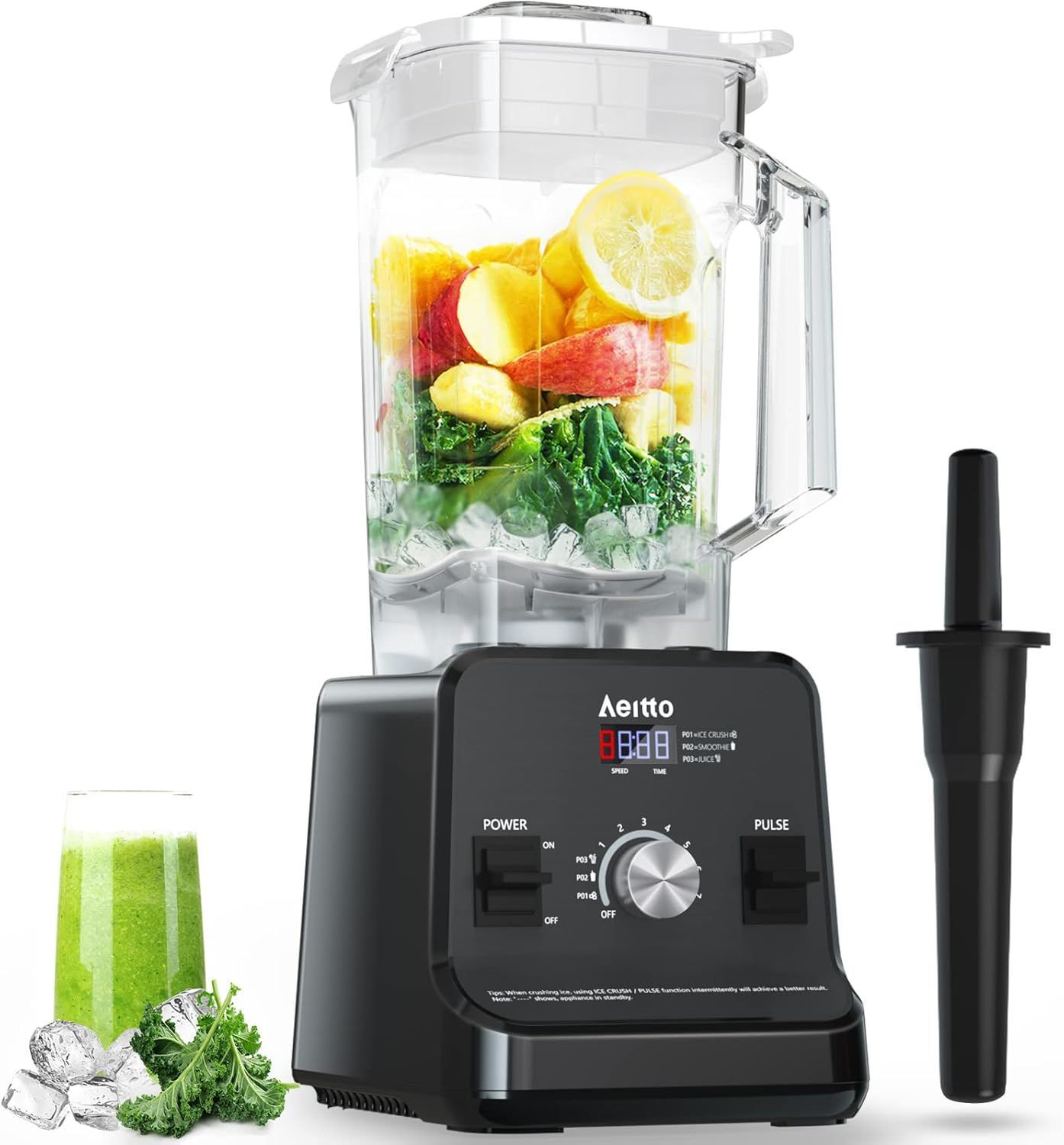 Shows the core product, a professional-grade blender with clear pitcher and digital controls, to communicate its capability and quality to shoppers. Demonstrates the blender actively filled with…