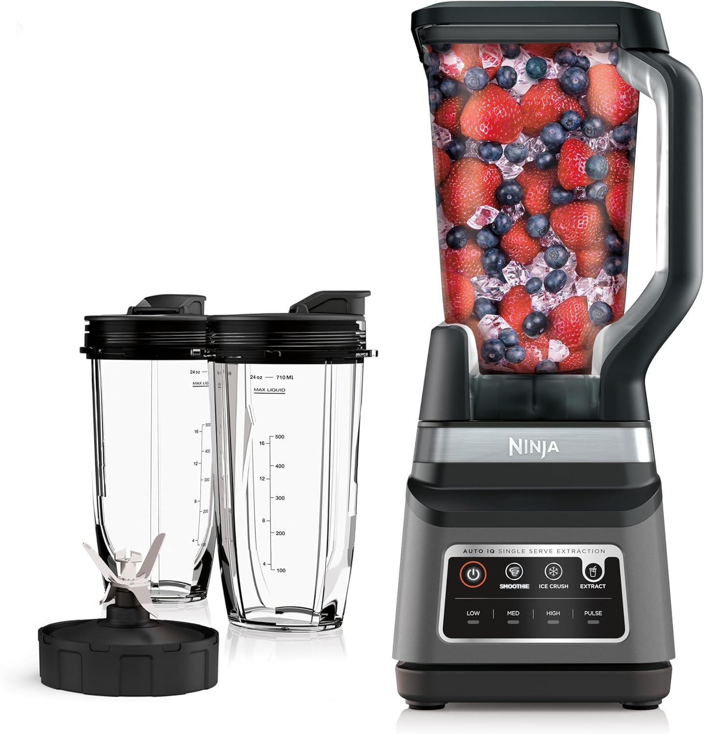 Shows the complete Ninja blender system with multiple containers to communicate versatility and included components for different blending needs. Demonstrates that the purchase includes multiple…