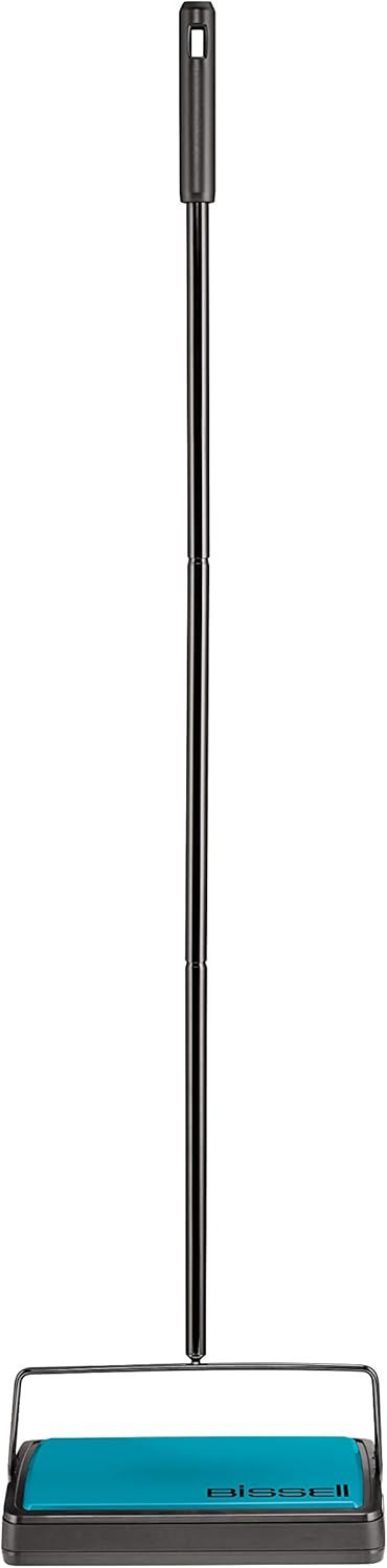 Shows the core product with its extendable handle and compact sweeper base to communicate its space-saving design and functionality for quick floor cleaning.