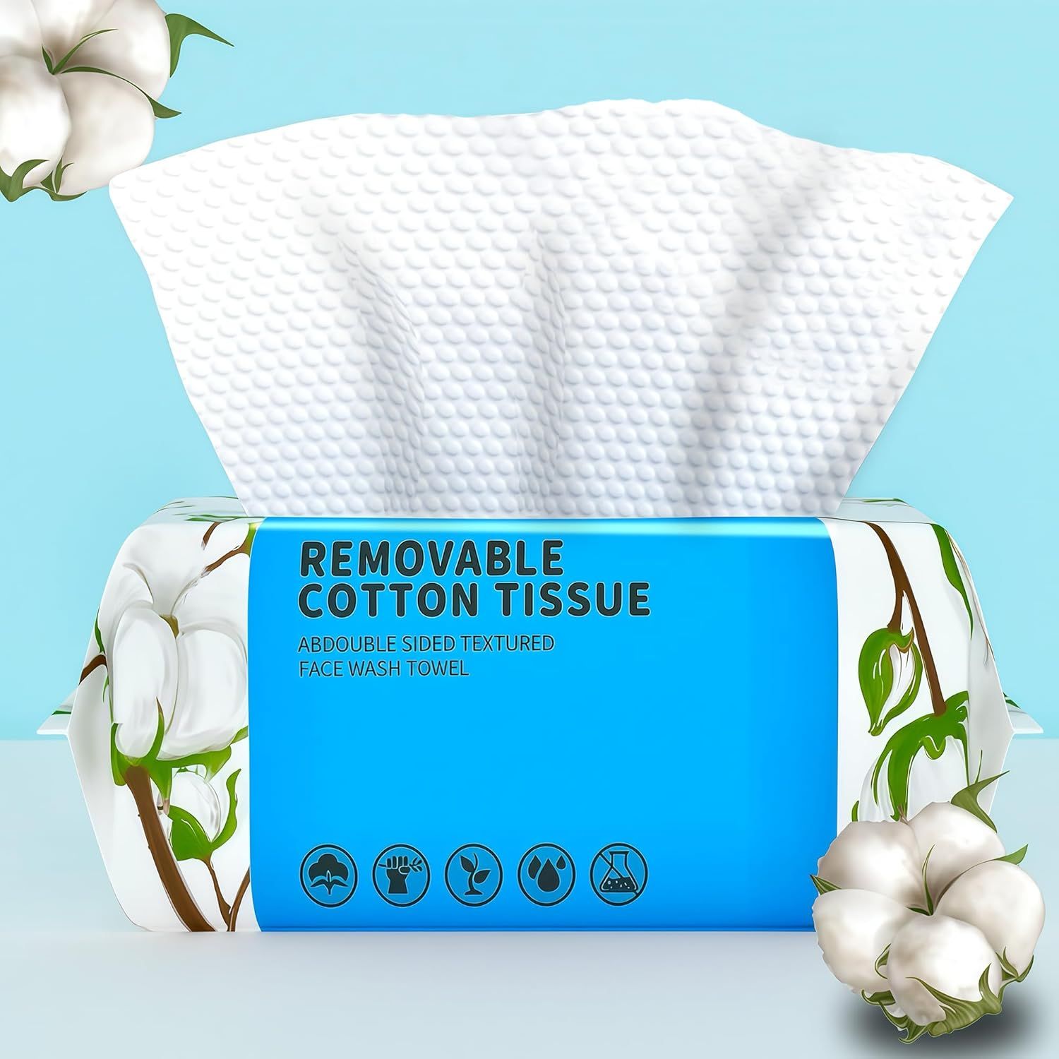 Shows the core product - a removable cotton tissue face wash towel with double-sided texture - clearly displayed to communicate what the shopper is purchasing. Uses decorative cotton plant props and…