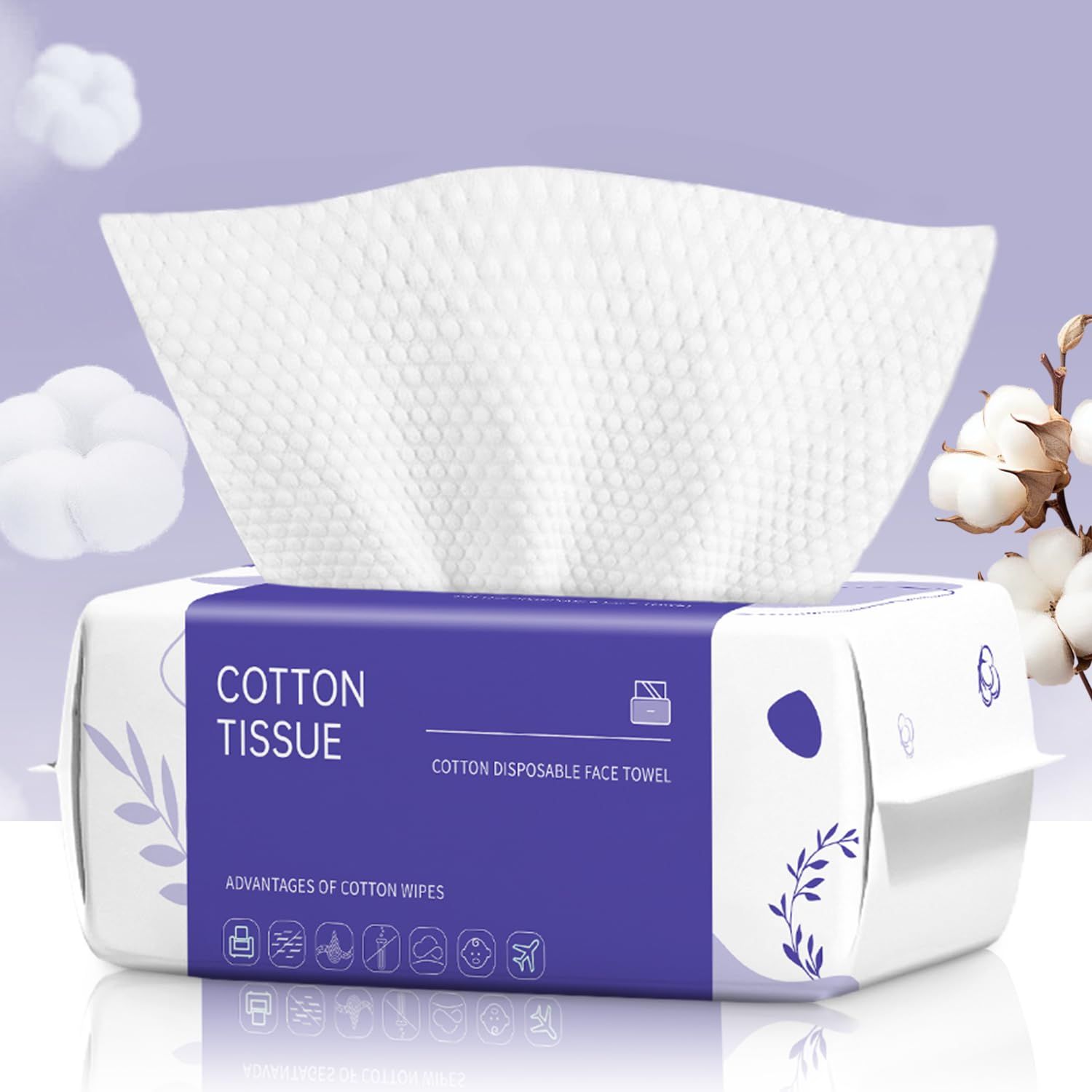 Displays the core product—a box of cotton disposable face towels—with one towel pulled out to show the textured material and convenient dispensing format. Shows the retail packaging with clear…