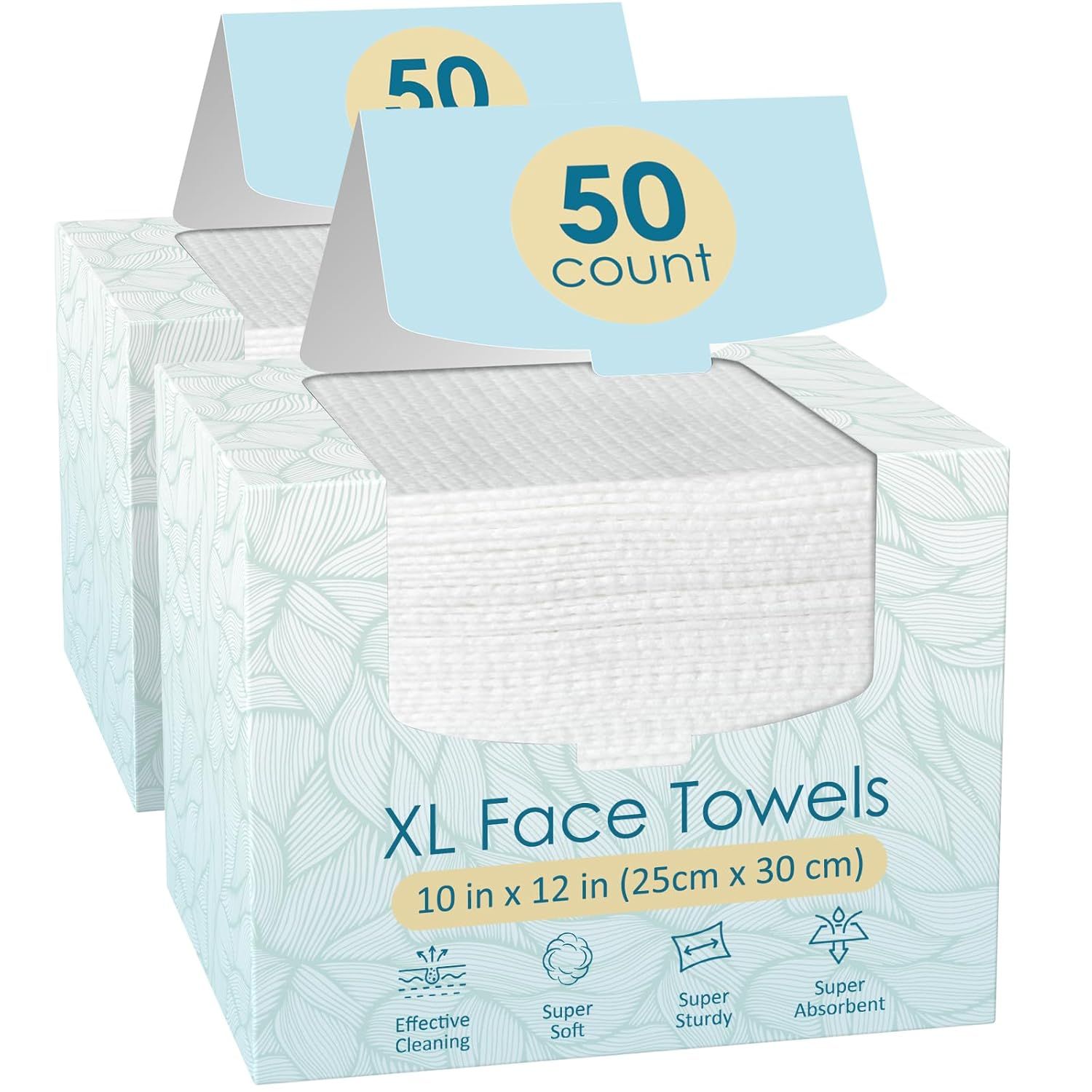 Shows the core product packaging for XL face towels in a 50-count multi-pack, clearly displaying the quantity and product type to help shoppers understand what they are purchasing. Displays the…