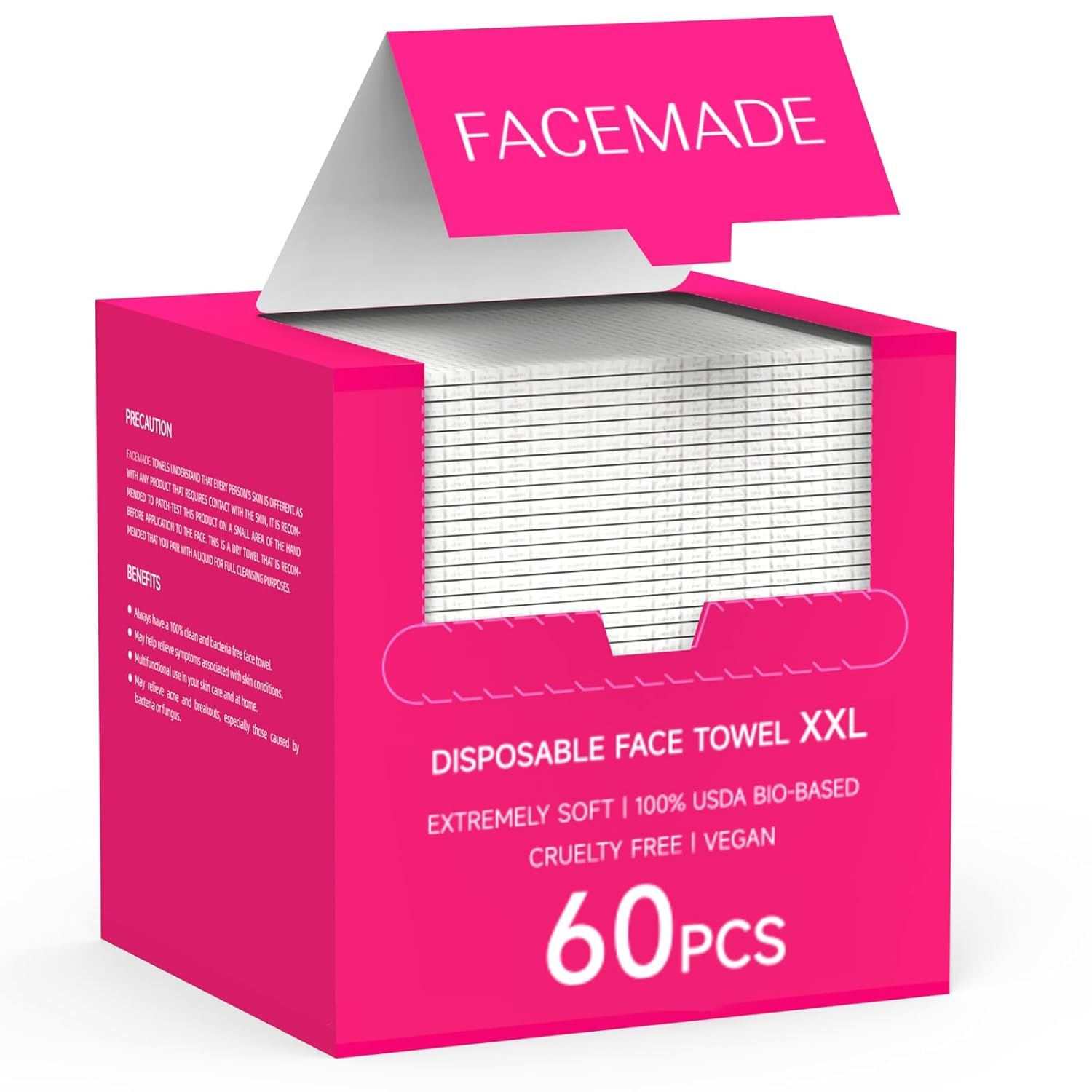 Shows the core product packaging and contents to communicate what the shopper will receive: a box of 60 disposable face towels with key product attributes visible. Displays the retail packaging with…