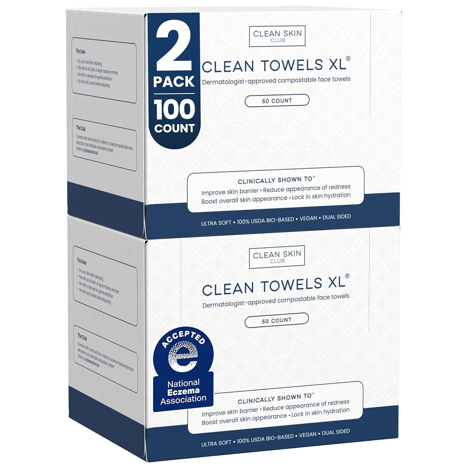 Shows the retail packaging to communicate the multi-pack format (2 boxes, 100 count total) and reinforce the product's dermatologist-approved, clinically-tested credentials through visible packaging…