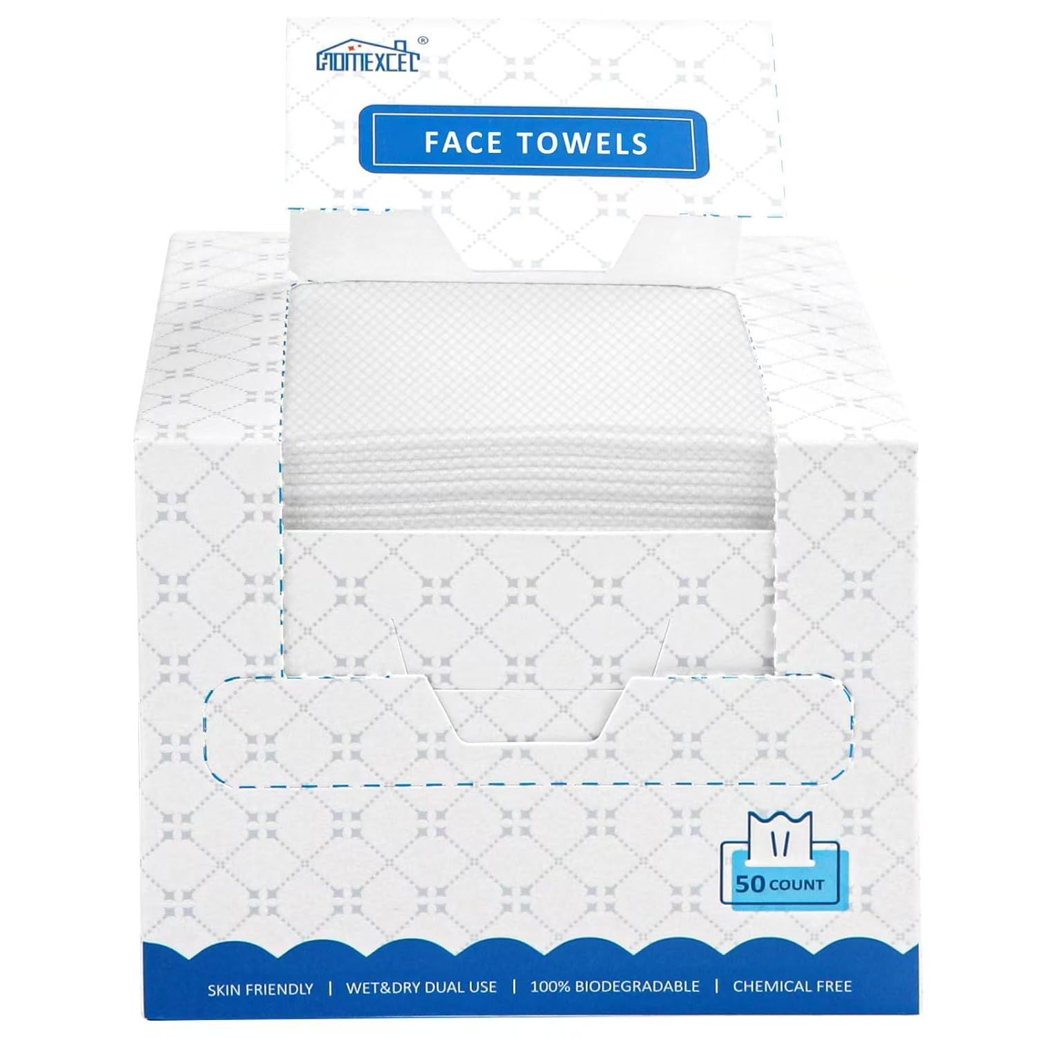 Shows the core product—a 50-count box of face towels—clearly displayed to communicate what the shopper is purchasing. Displays the retail packaging with branding, product name, count, and key…