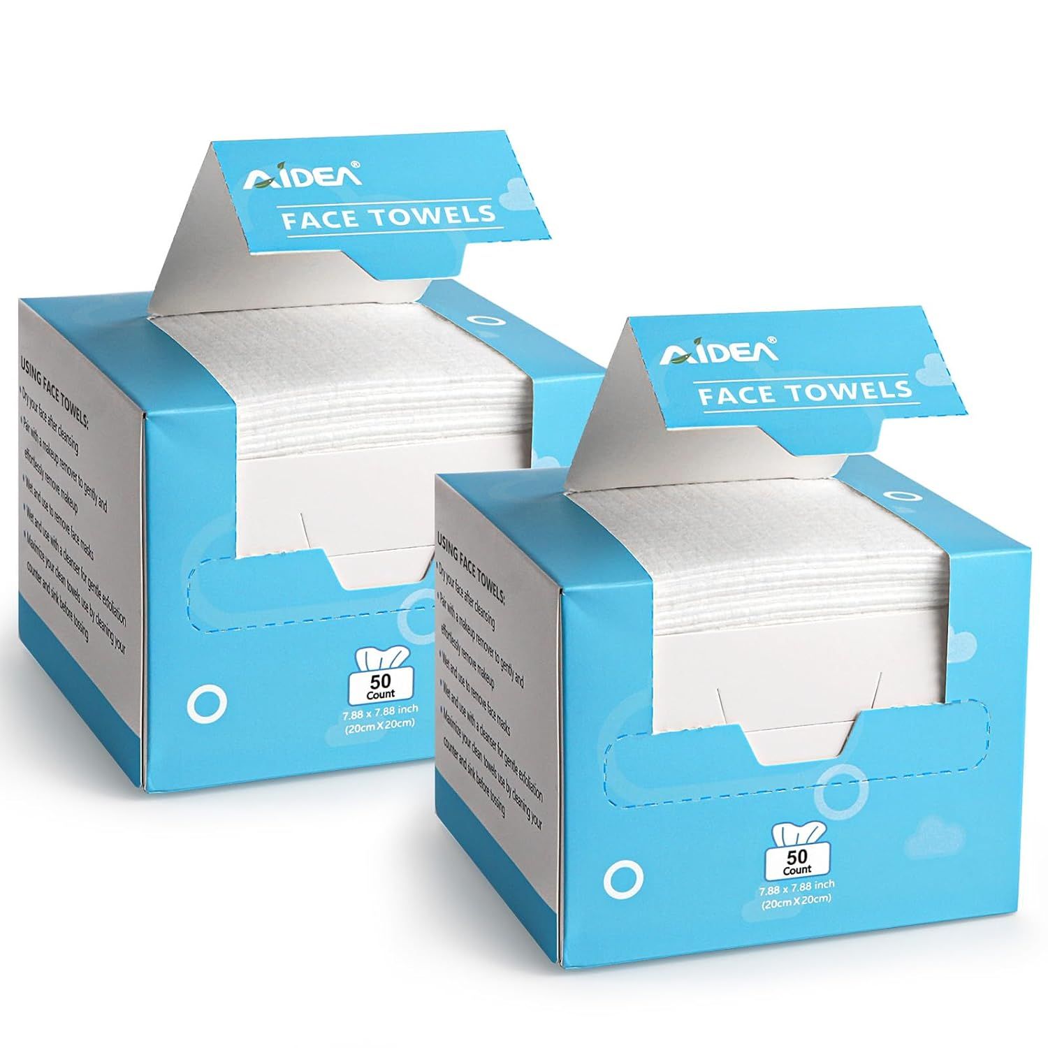 Shows the core product - disposable face towels in their retail packaging - clearly displaying the brand, product type, count, and dimensions to help shoppers understand what they are purchasing.…