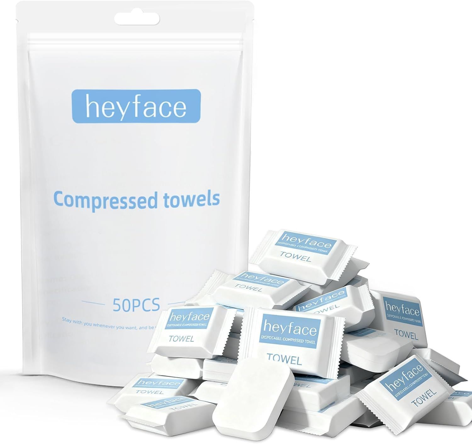 Shows the core product—a 50-piece set of compressed disposable towels in retail packaging—to communicate what the shopper will receive and the quantity included. Displays the retail packaging…