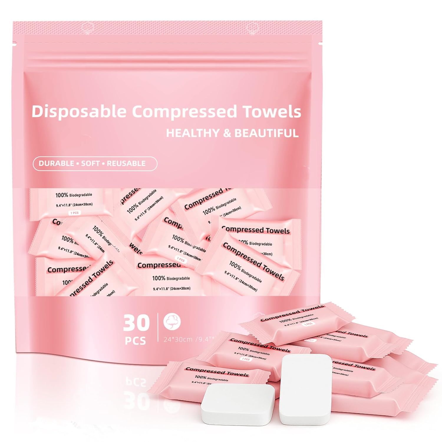 Shows the core product—disposable compressed towels in retail packaging—along with individual towel packets and expanded towels to communicate what the buyer receives and how the product works.…