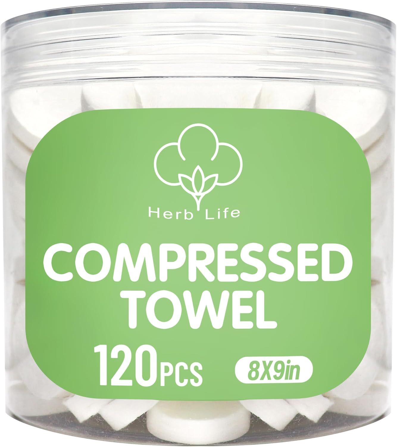 Shows the core product—a clear container of 120 compressed towels—so shoppers can see the quantity and packaging format they will receive. Displays the retail packaging with branding and product…