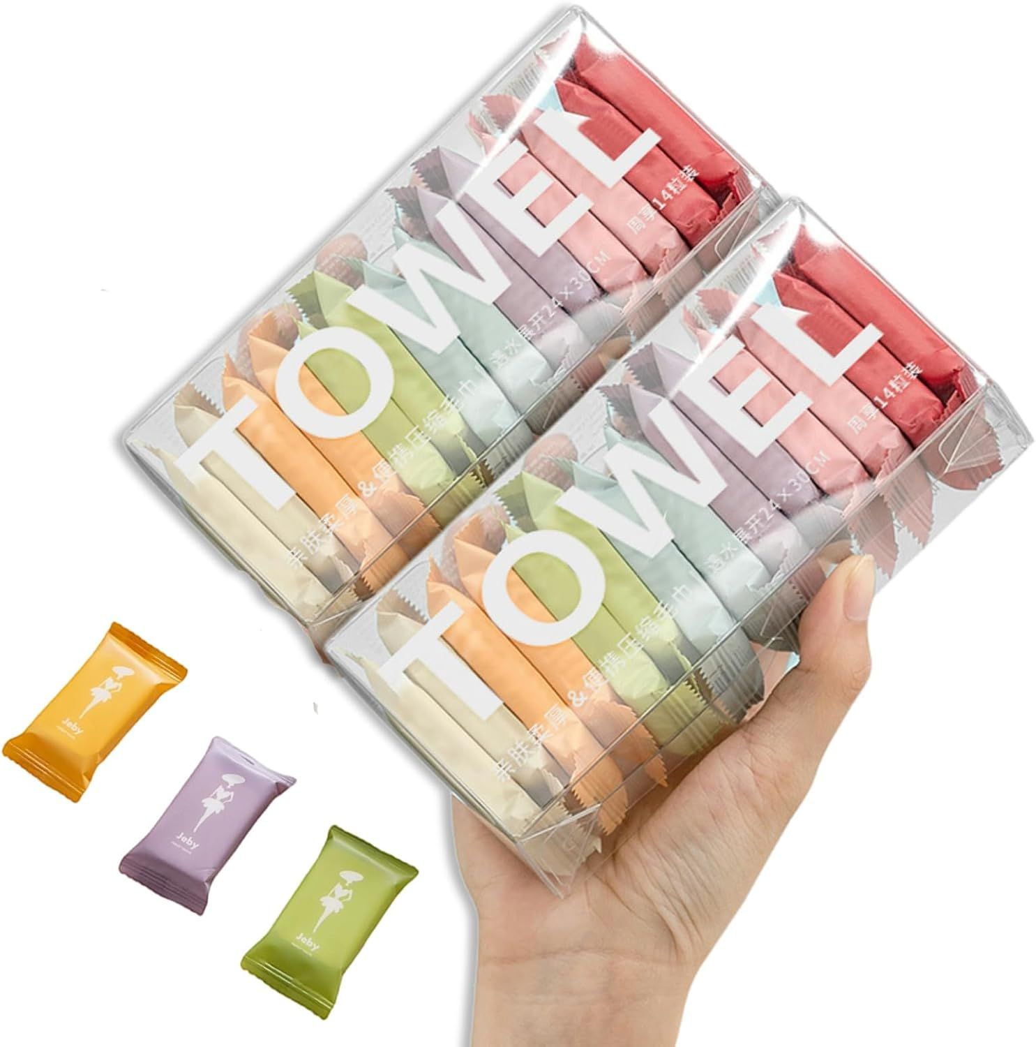Shows the core product as two clear packages of individually wrapped candies in multiple colors, allowing shoppers to see the variety and quantity included in the purchase. A hand holds the packages…