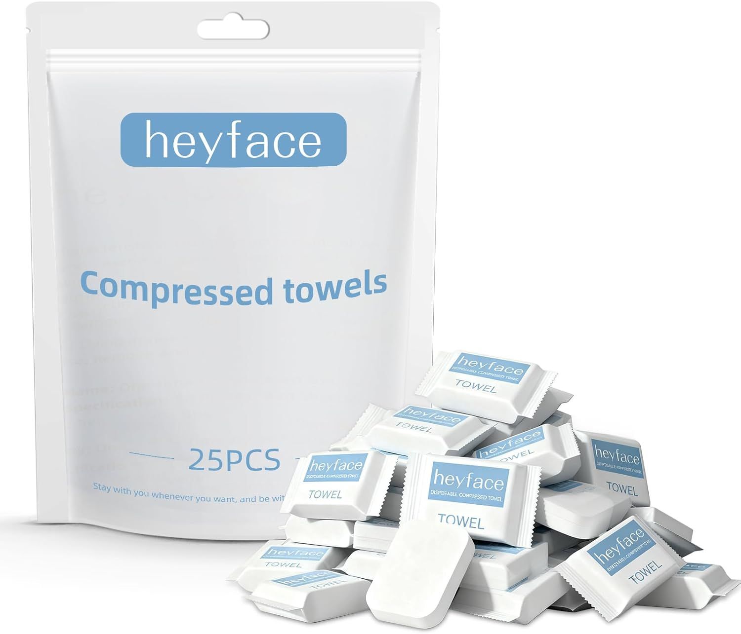 Shows the core product—a 25-pack of compressed towels in retail packaging—alongside individual towel packets to communicate what the buyer receives and the quantity included. Displays the retail…
