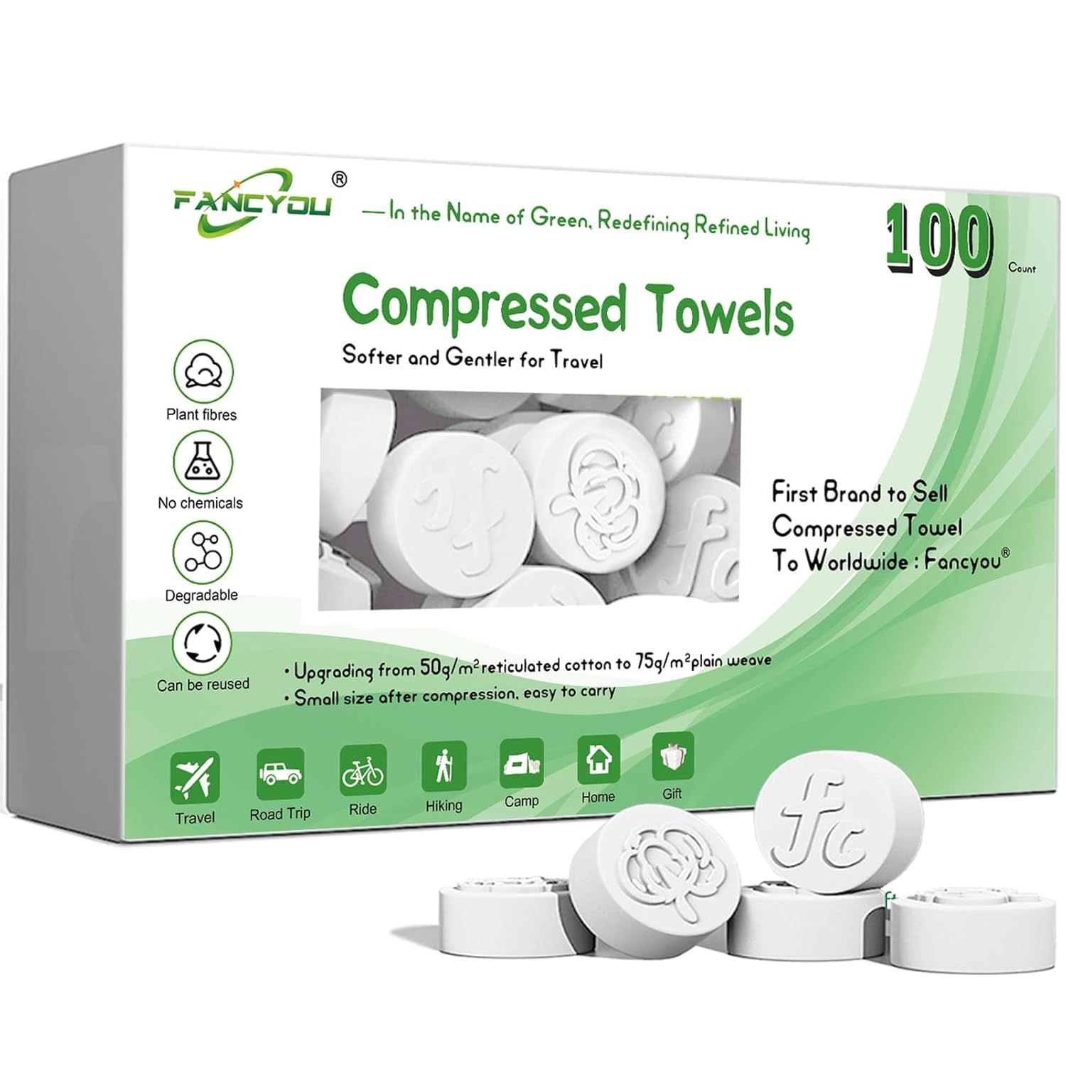Shows the retail packaging to communicate the product quantity, brand identity, and eco-friendly features, reassuring shoppers about what they will receive. Displays the core product both inside the…