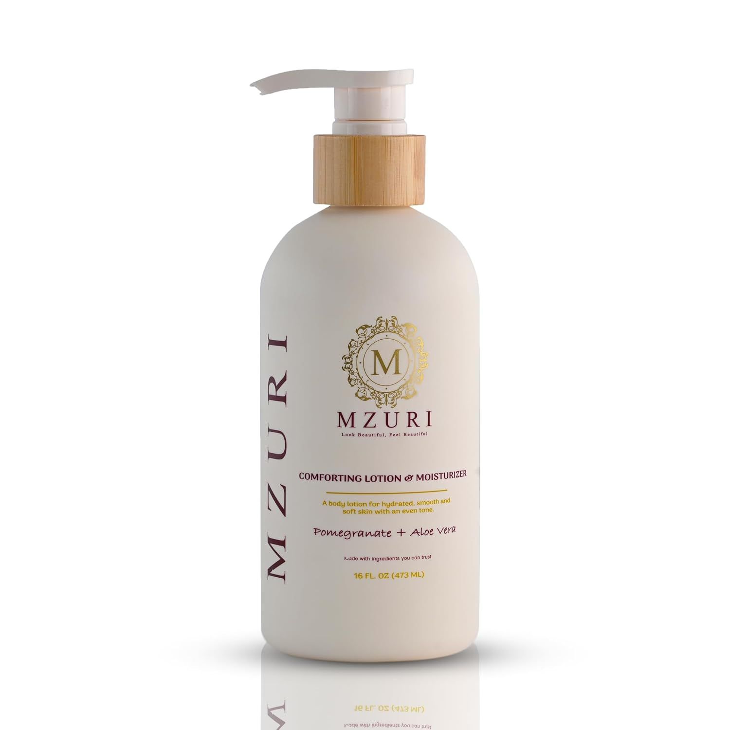 Displays the core product—a comforting lotion and moisturizer—with clean catalog presentation to communicate the brand identity, key ingredients (Pomegranate and Aloe Vera), and premium natural…